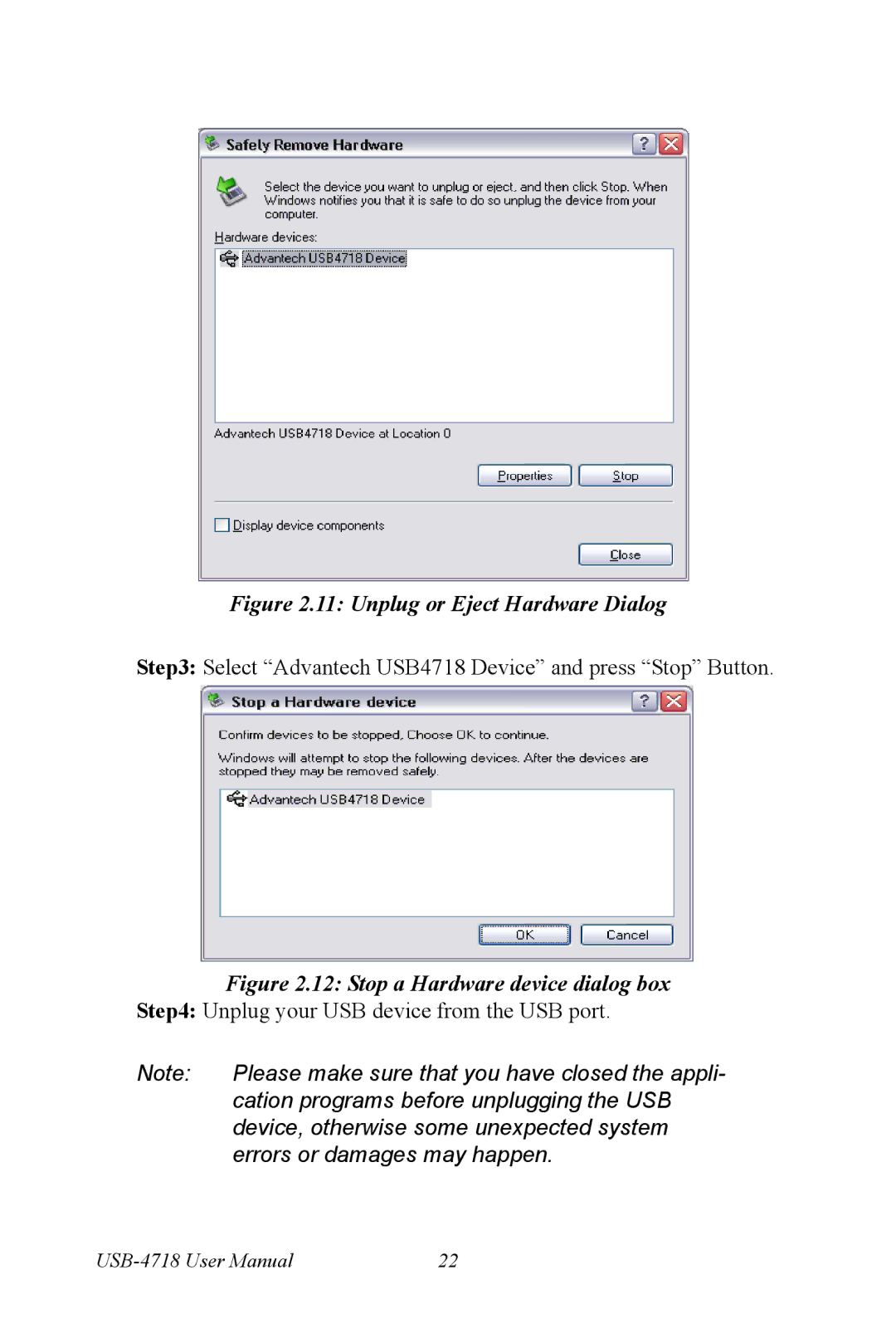 Advantech 4718 user manual Unplug or Eject Hardware Dialog 