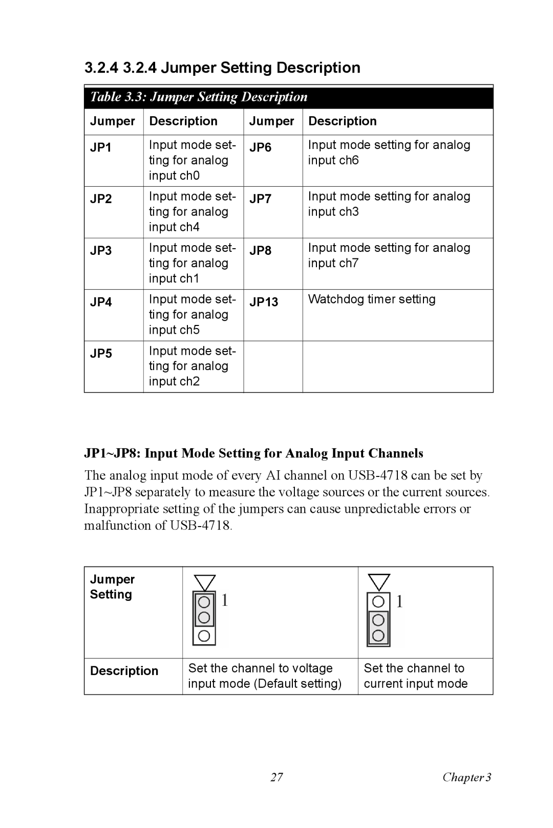 Advantech 4718 user manual 4 3.2.4 Jumper Setting Description, JP1~JP8 Input Mode Setting for Analog Input Channels 