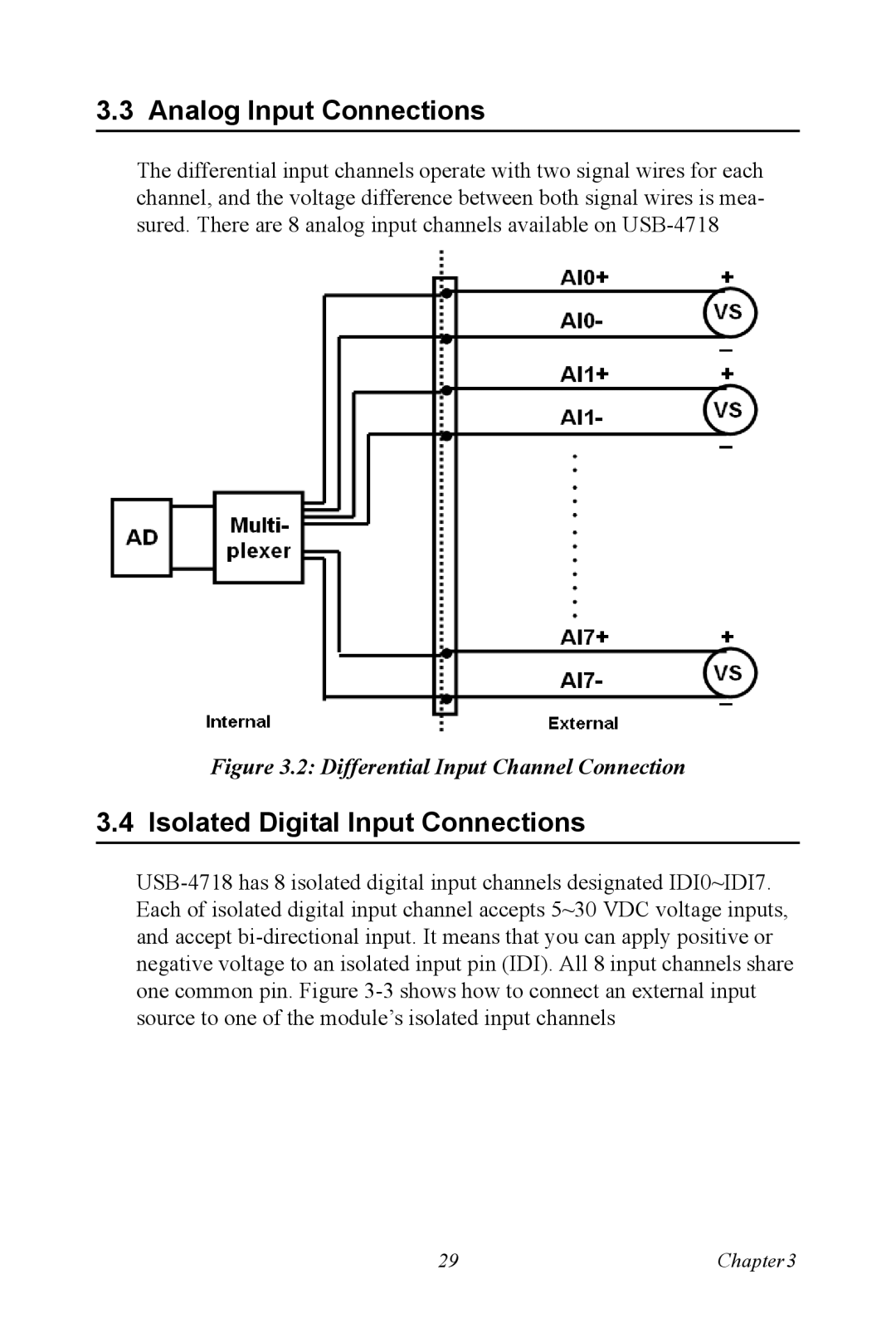 Advantech 4718 user manual Analog Input Connections, Isolated Digital Input Connections 