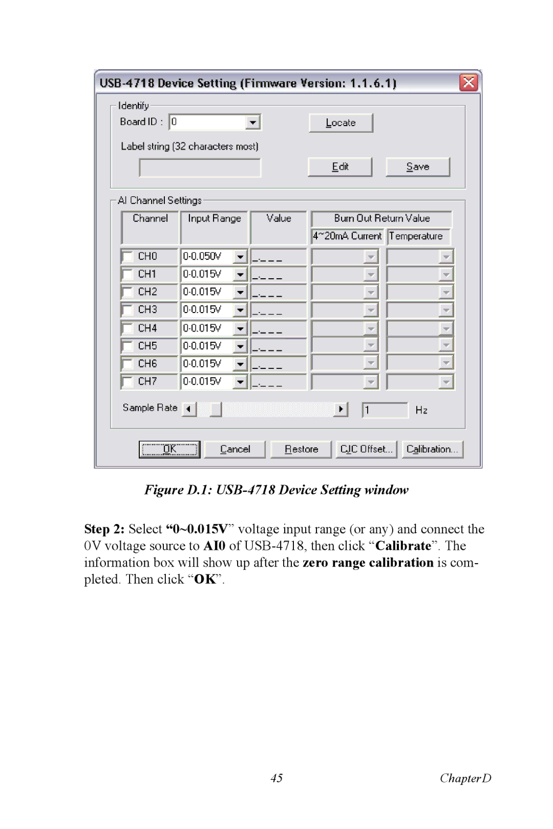 Advantech user manual Figure D.1 USB-4718 Device Setting window 