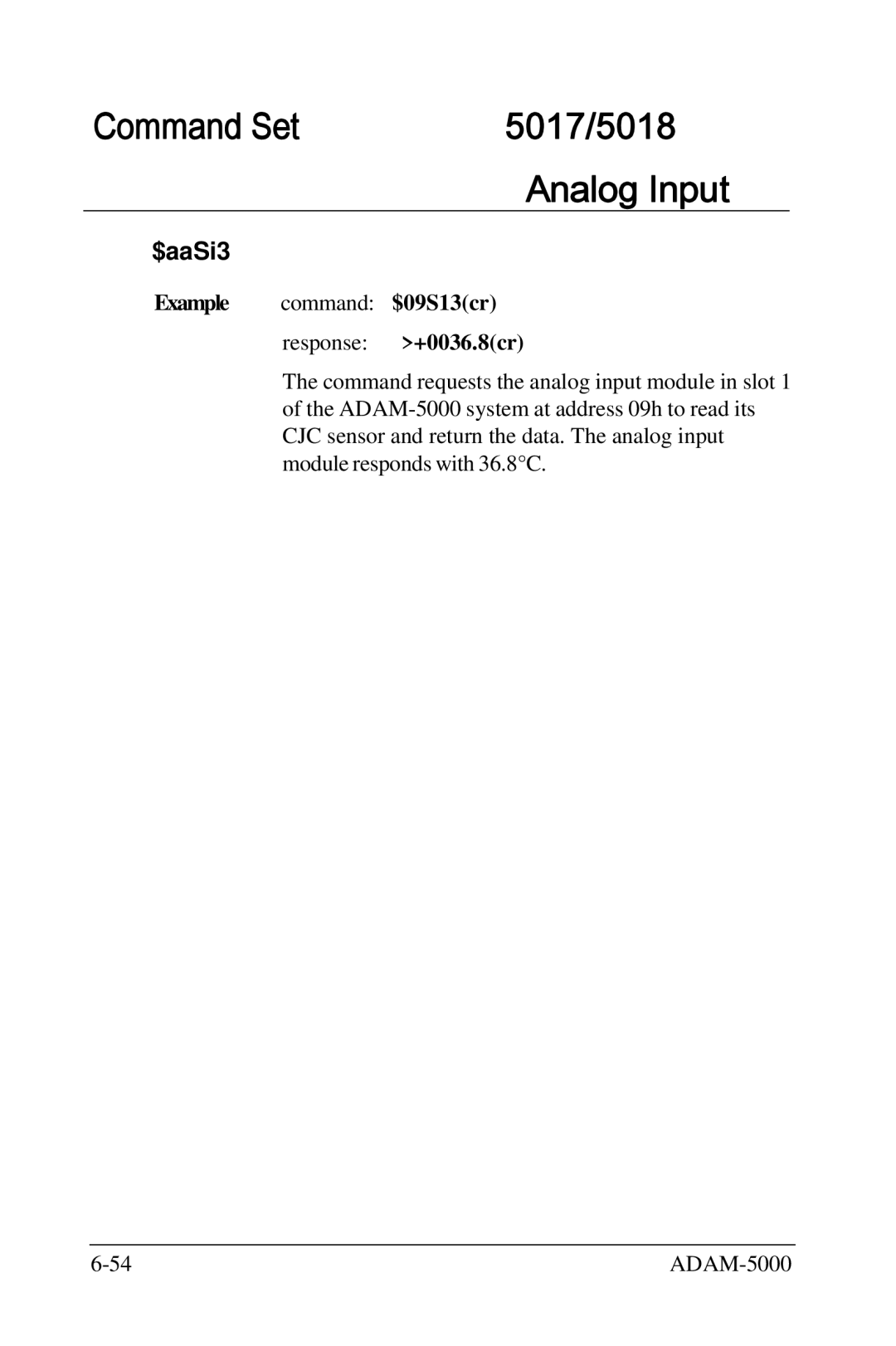 Advantech 5000 Series user manual Example command $09S13cr response +0036.8cr 