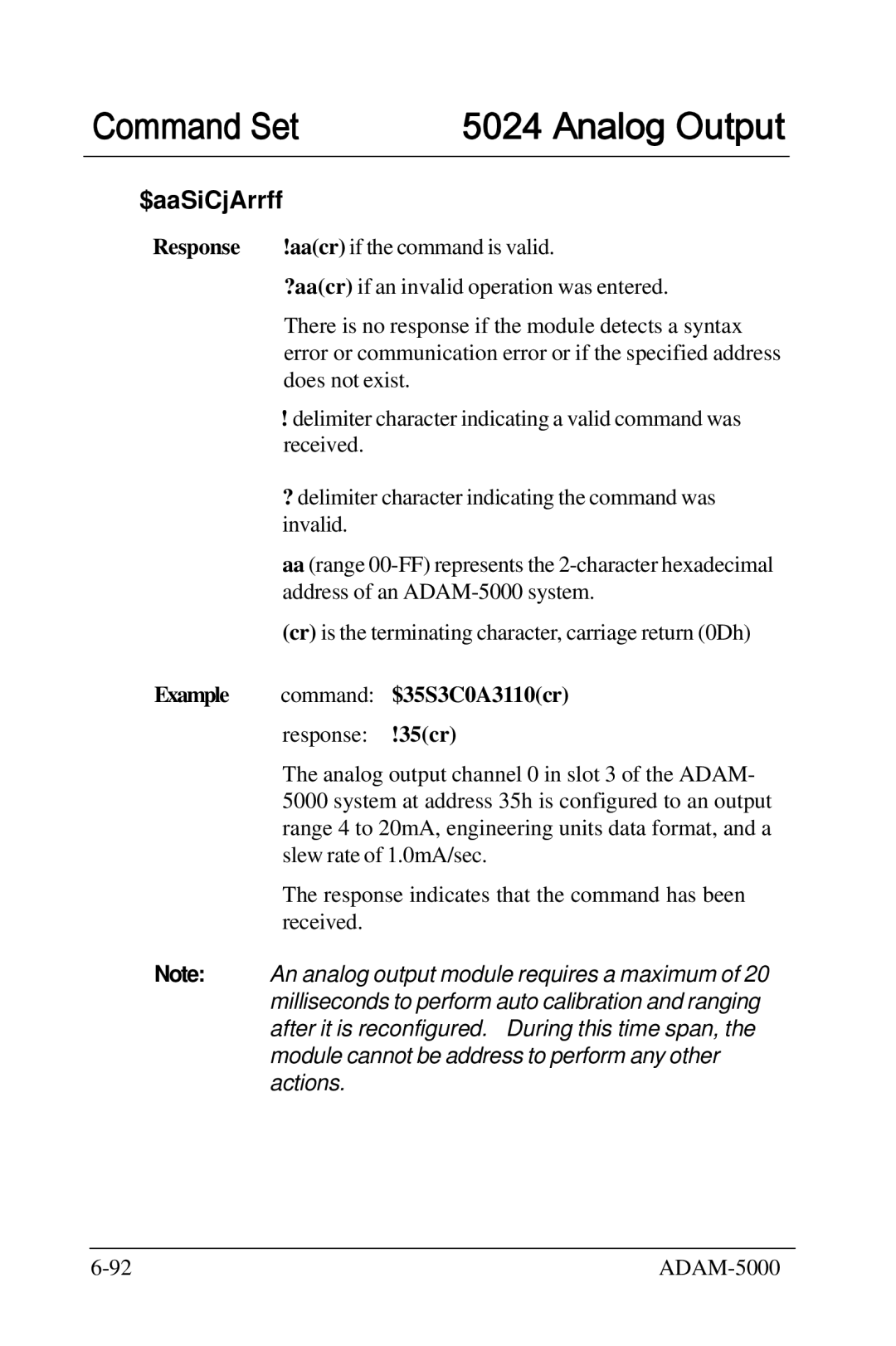 Advantech 5000 Series user manual Command Set 5024 Analog Output, Example Command $35S3C0A3110cr 