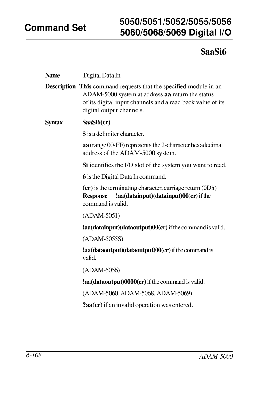 Advantech 5000 Series Aadatainputdataoutput00cr if the command is valid, Aadataoutput0000cr if the command is valid 