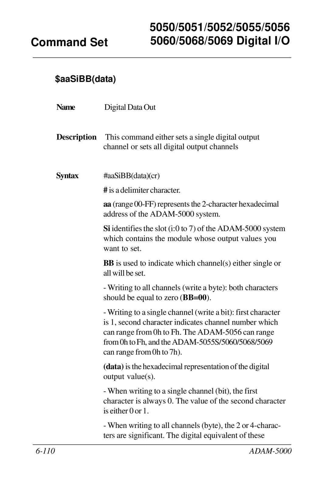 Advantech 5000 Series user manual Command Set 5060/5068/5069 Digital I/O, $aaSiBBdata 