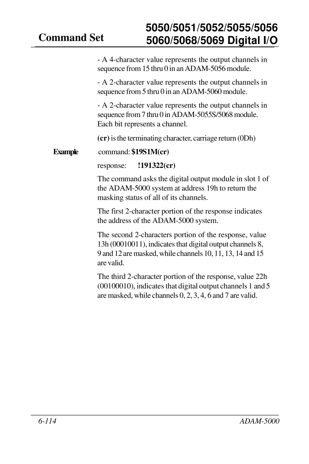 Advantech 5000 Series user manual Example command $19S1Mcr response !191322cr 