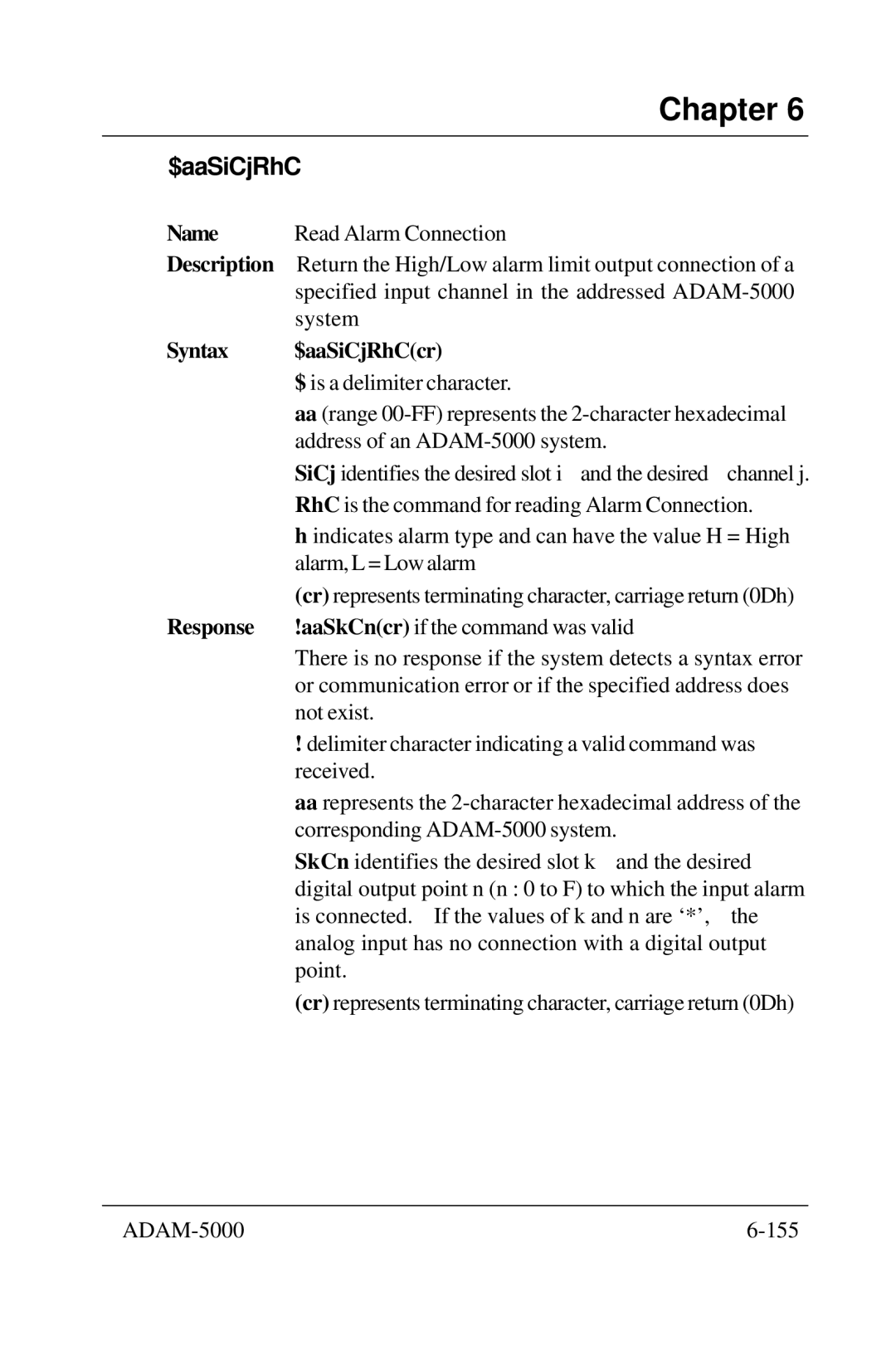 Advantech 5000 Series user manual RhC is the command for reading Alarm Connection 