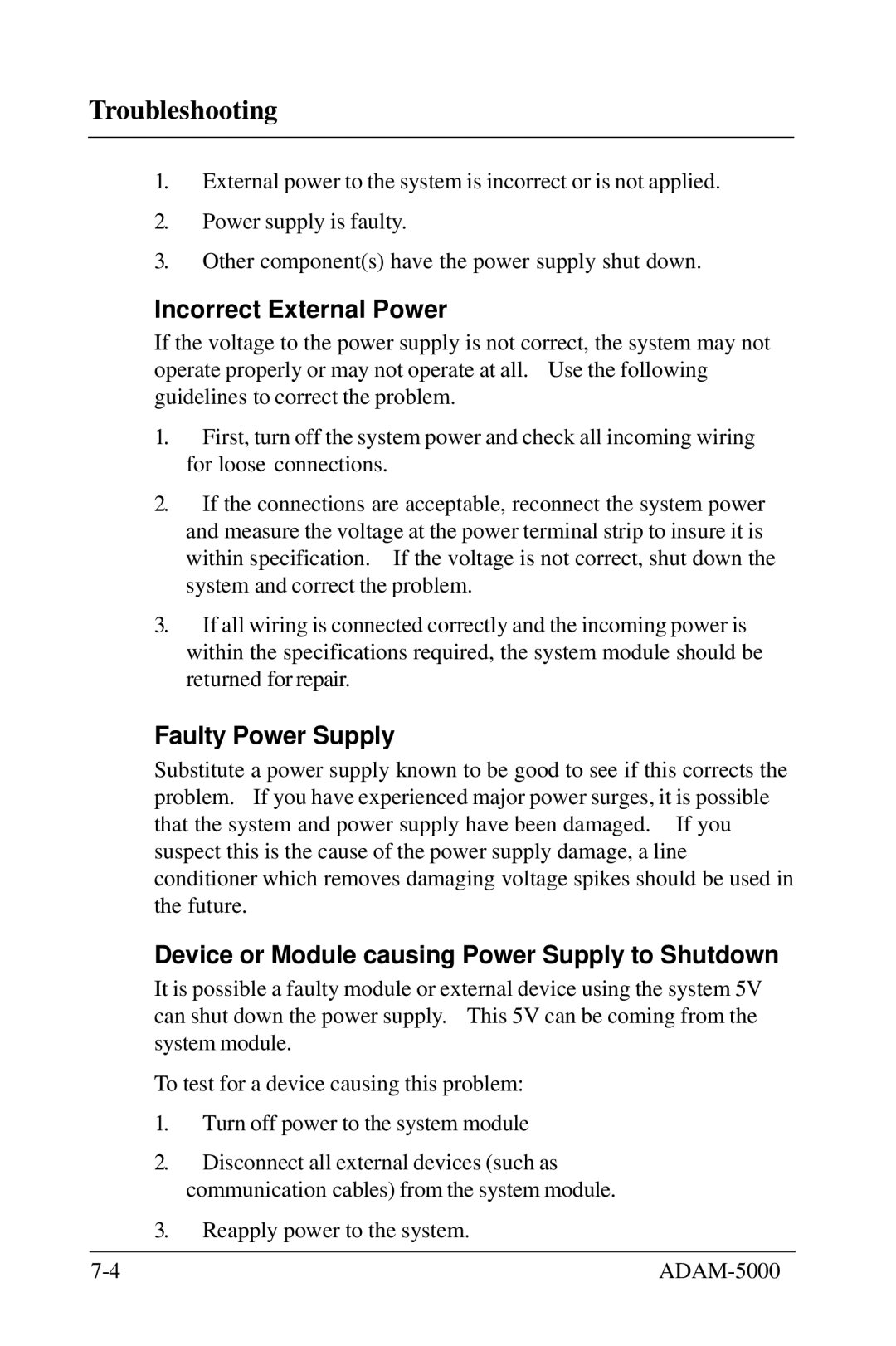 Advantech 5000 Series Incorrect External Power, Faulty Power Supply, Device or Module causing Power Supply to Shutdown 