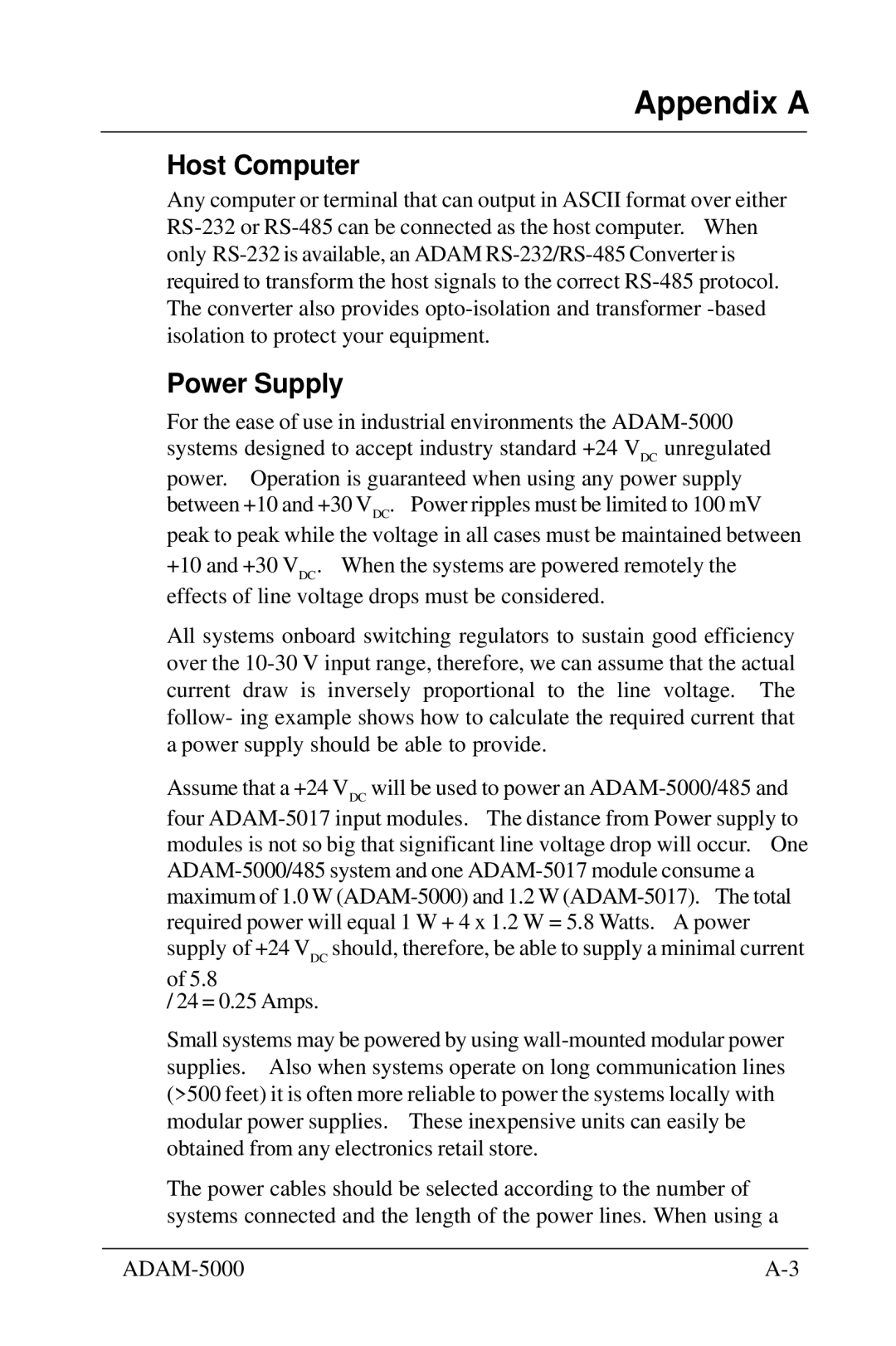 Advantech 5000 Series user manual Appendix a, Host Computer, Power Supply 