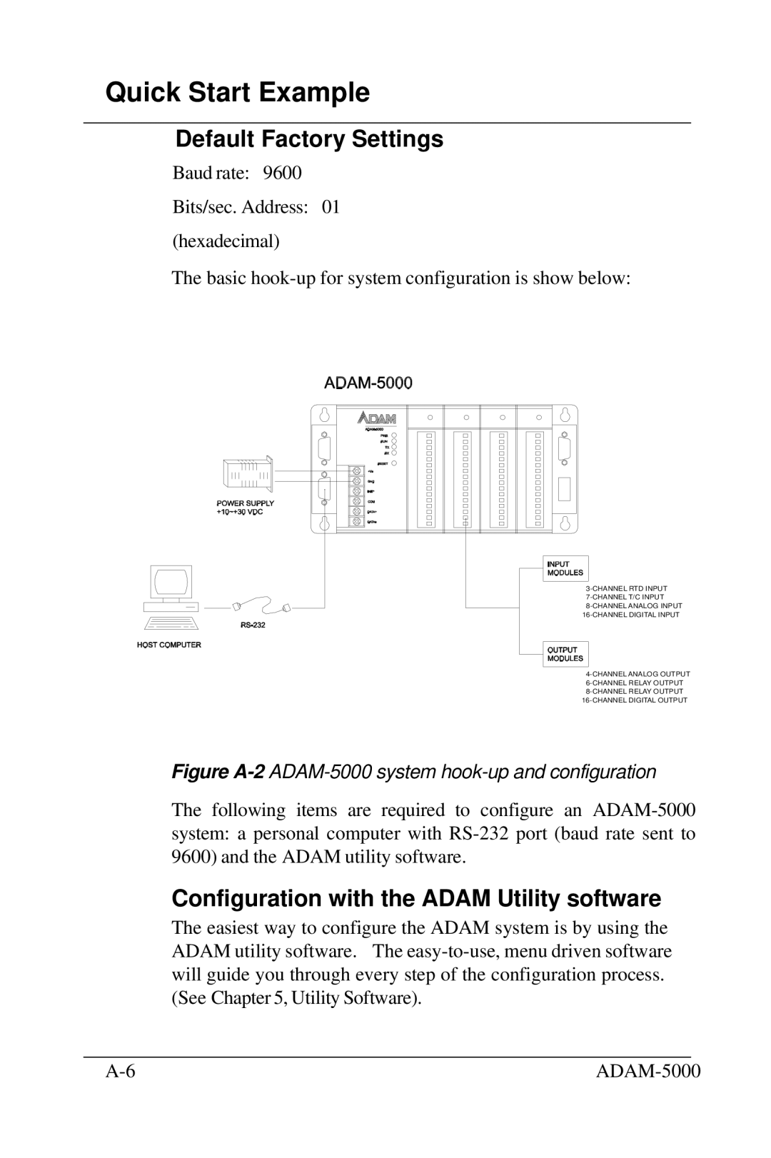 Advantech 5000 Series user manual Default Factory Settings, Configuration with the Adam Utility software 