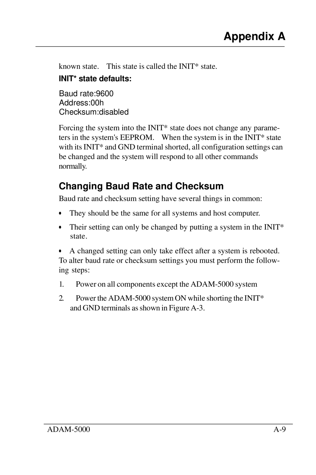 Advantech 5000 Series user manual Changing Baud Rate and Checksum, INIT* state defaults 