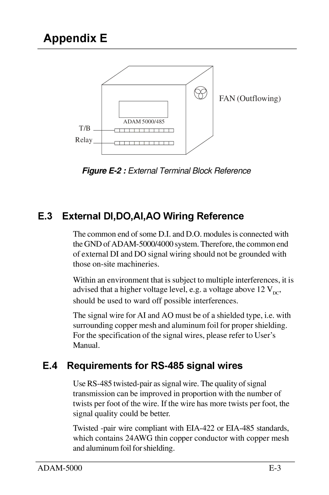 Advantech 5000 Series user manual Appendix E, External DI,DO,AI,AO Wiring Reference, Requirements for RS-485 signal wires 