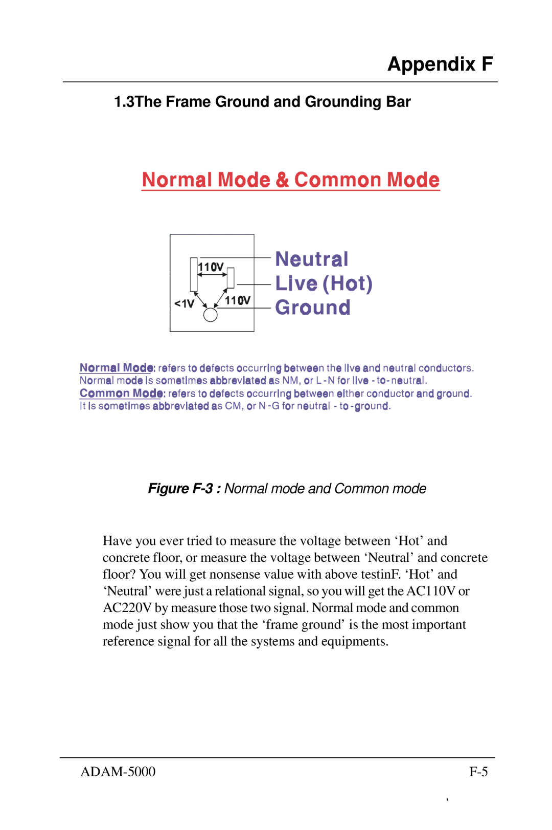 Advantech 5000 Series user manual 3The Frame Ground and Grounding Bar, Figure F-3 Normal mode and Common mode 