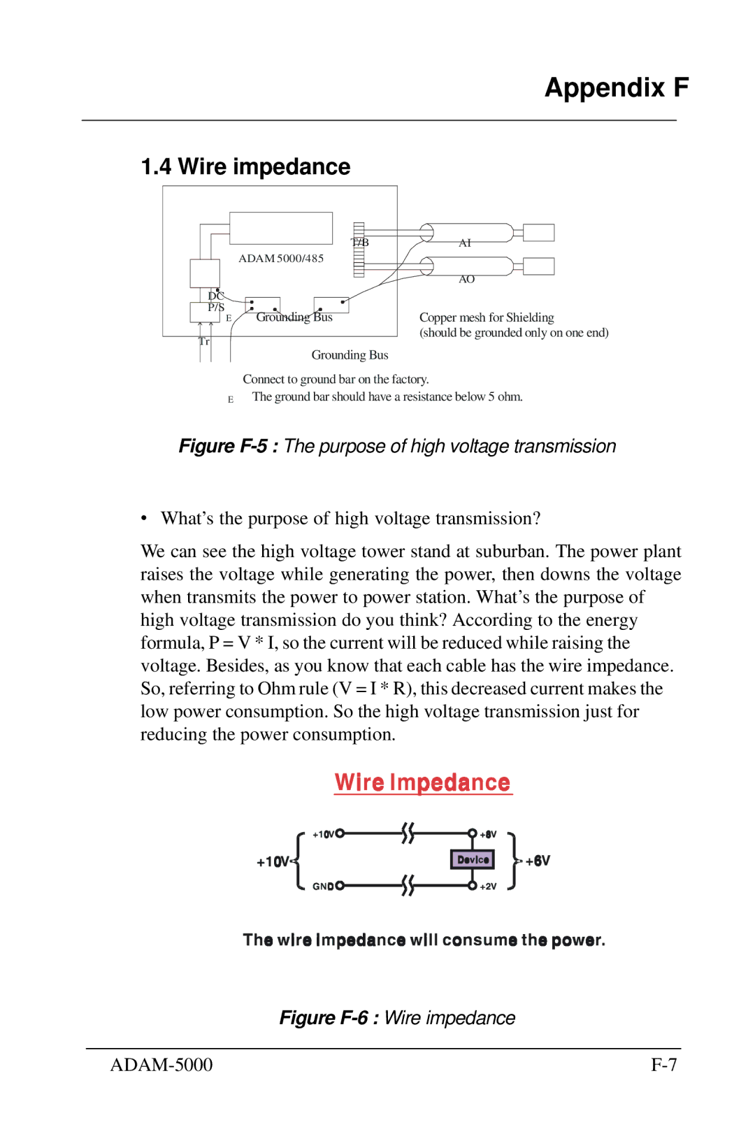 Advantech 5000 Series user manual Wire impedance, Figure F-5 The purpose of high voltage transmission 