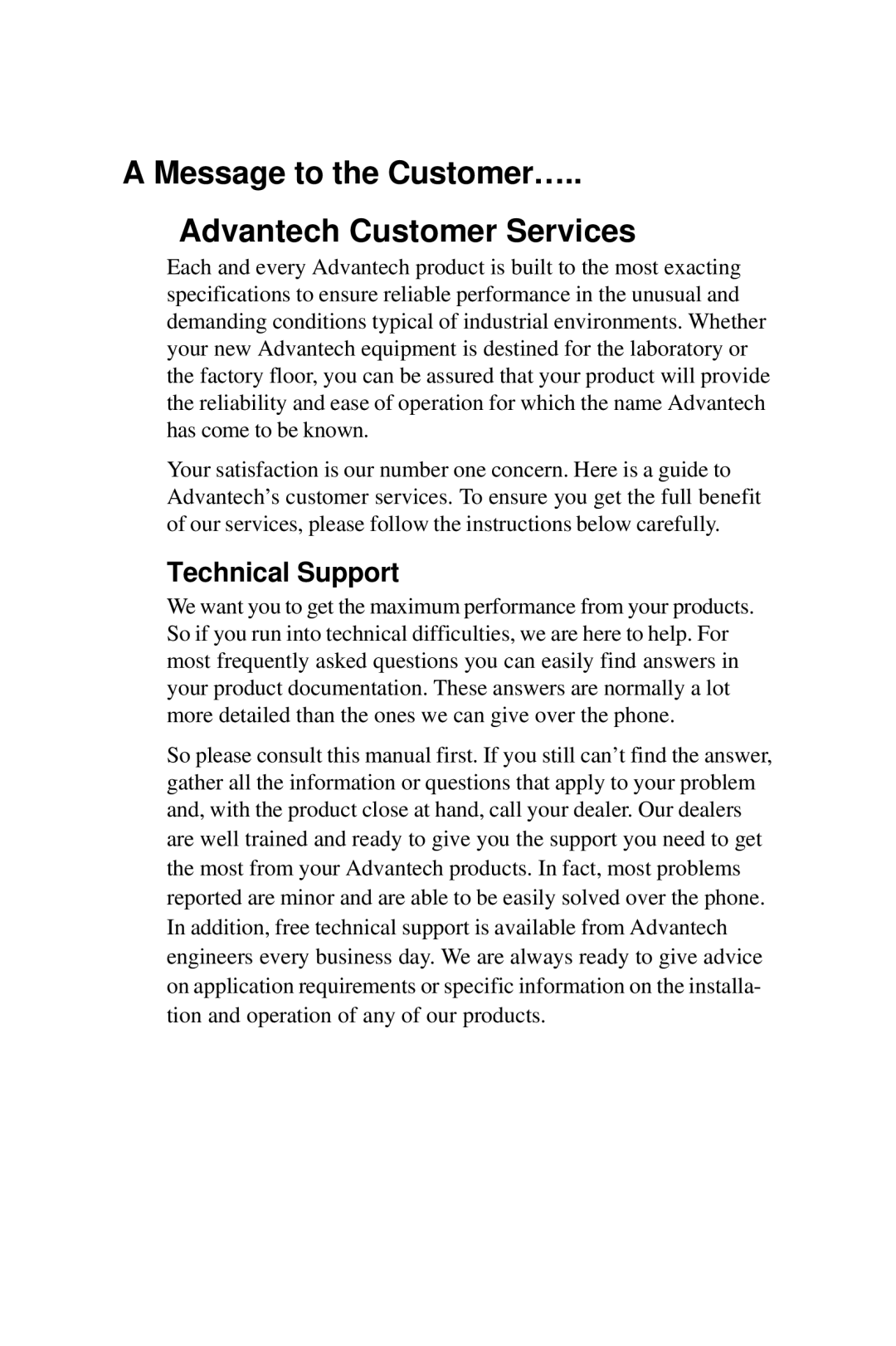 Advantech 5000 Series user manual Message to the Customer… Advantech Customer Services, Technical Support 