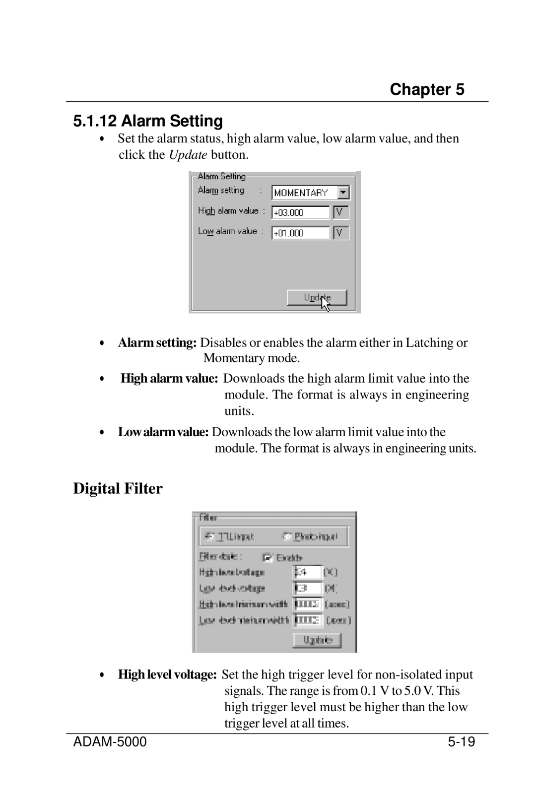 Advantech 5000 Series user manual Chapter Alarm Setting, Digital Filter 