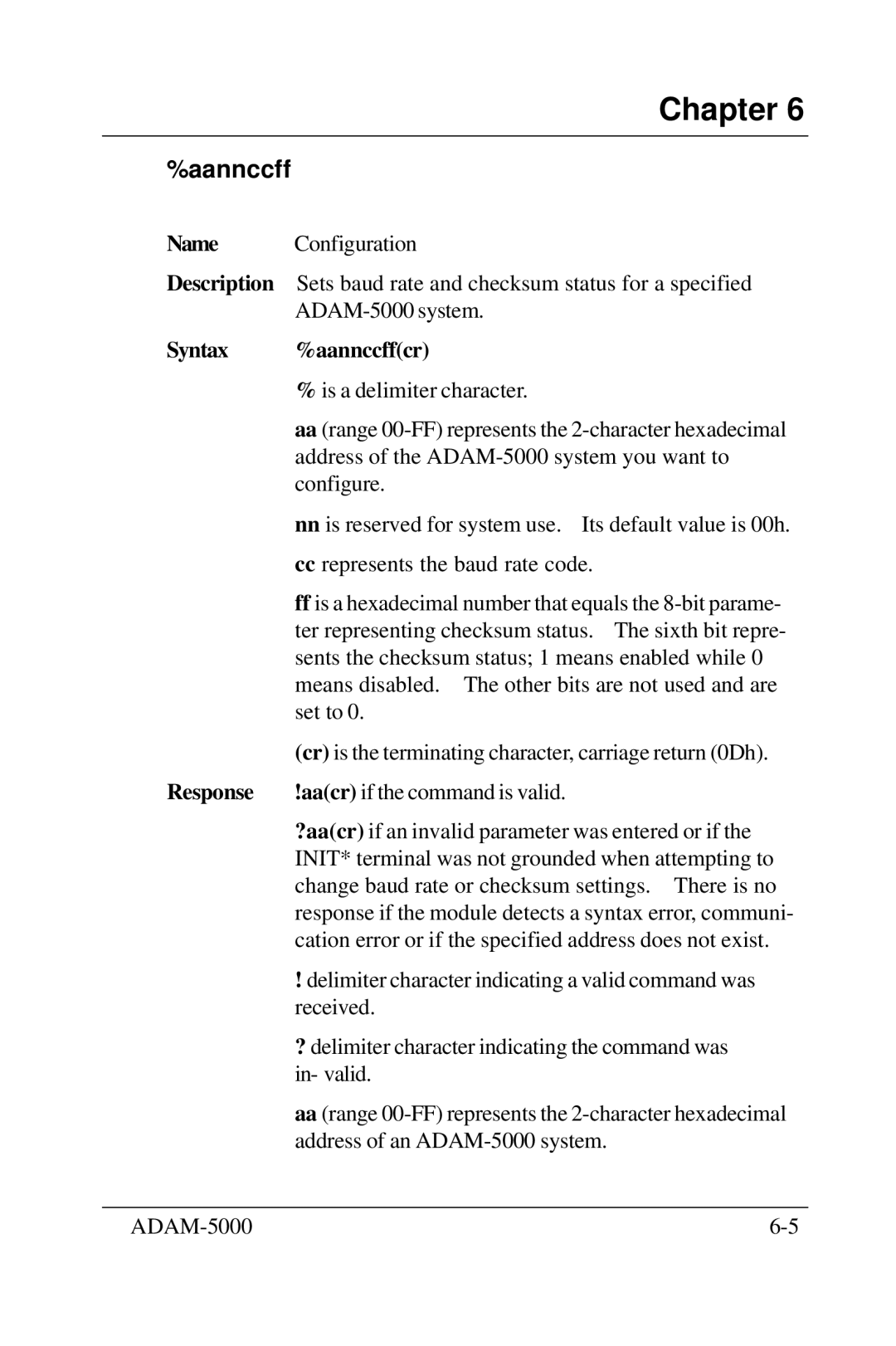 Advantech 5000 Series user manual Name, Syntax Aannccffcr, Response 