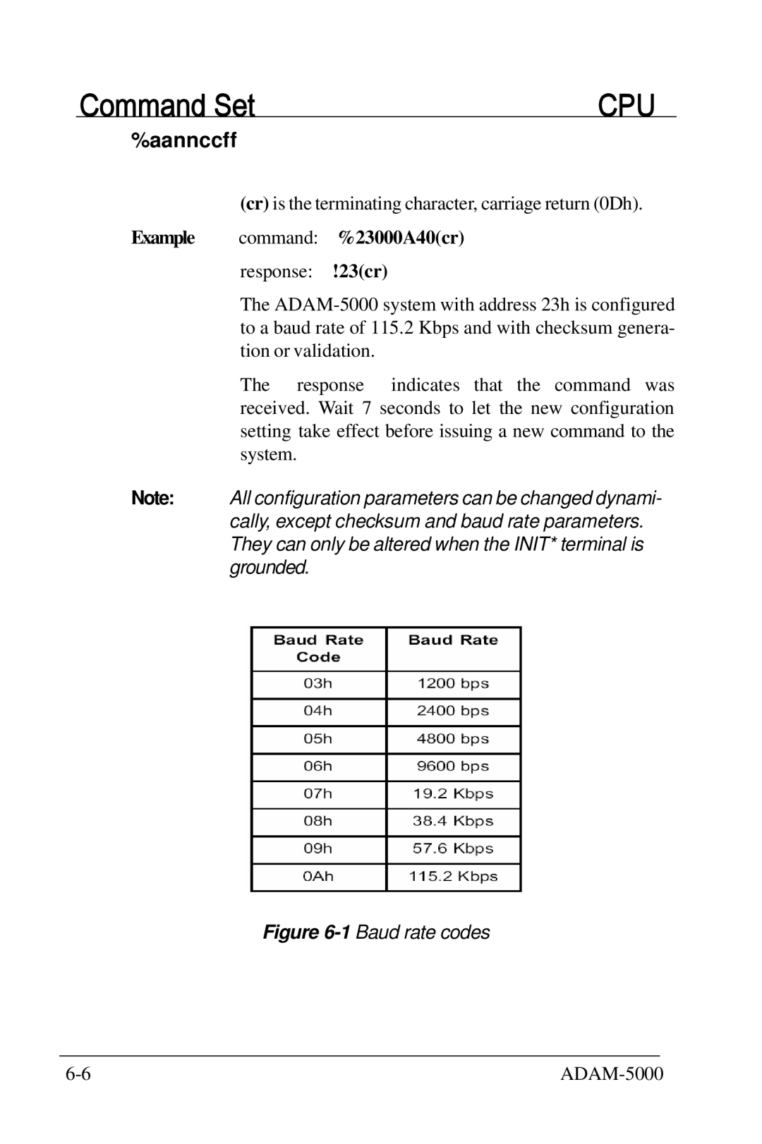 Advantech 5000 Series user manual Example command %23000A40cr, 1Baud rate codes 