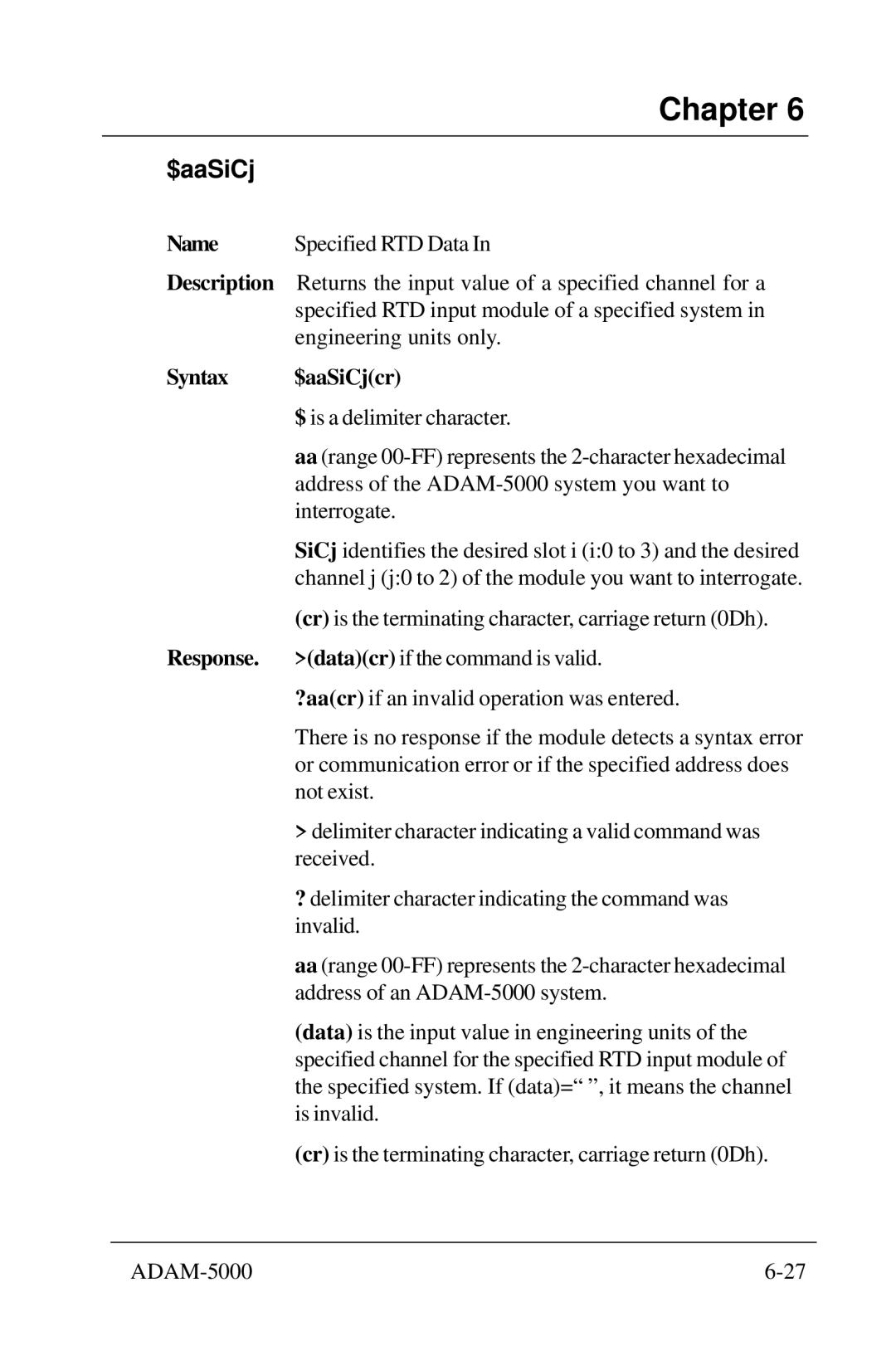 Advantech 5000 Series user manual Syntax $aaSiCjcr 