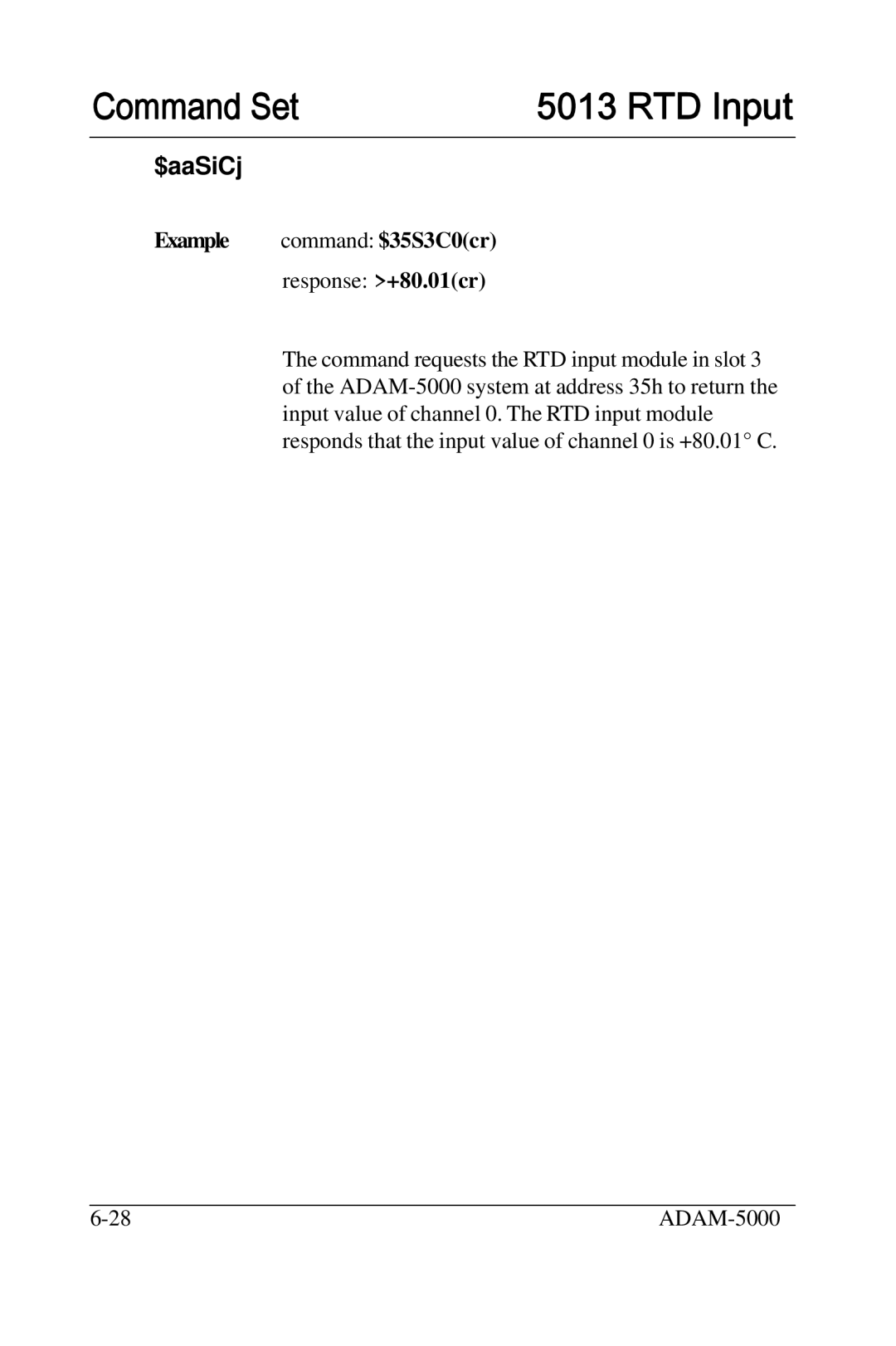 Advantech 5000 Series user manual $aaSiCj, Example command $35S3C0cr response +80.01cr 