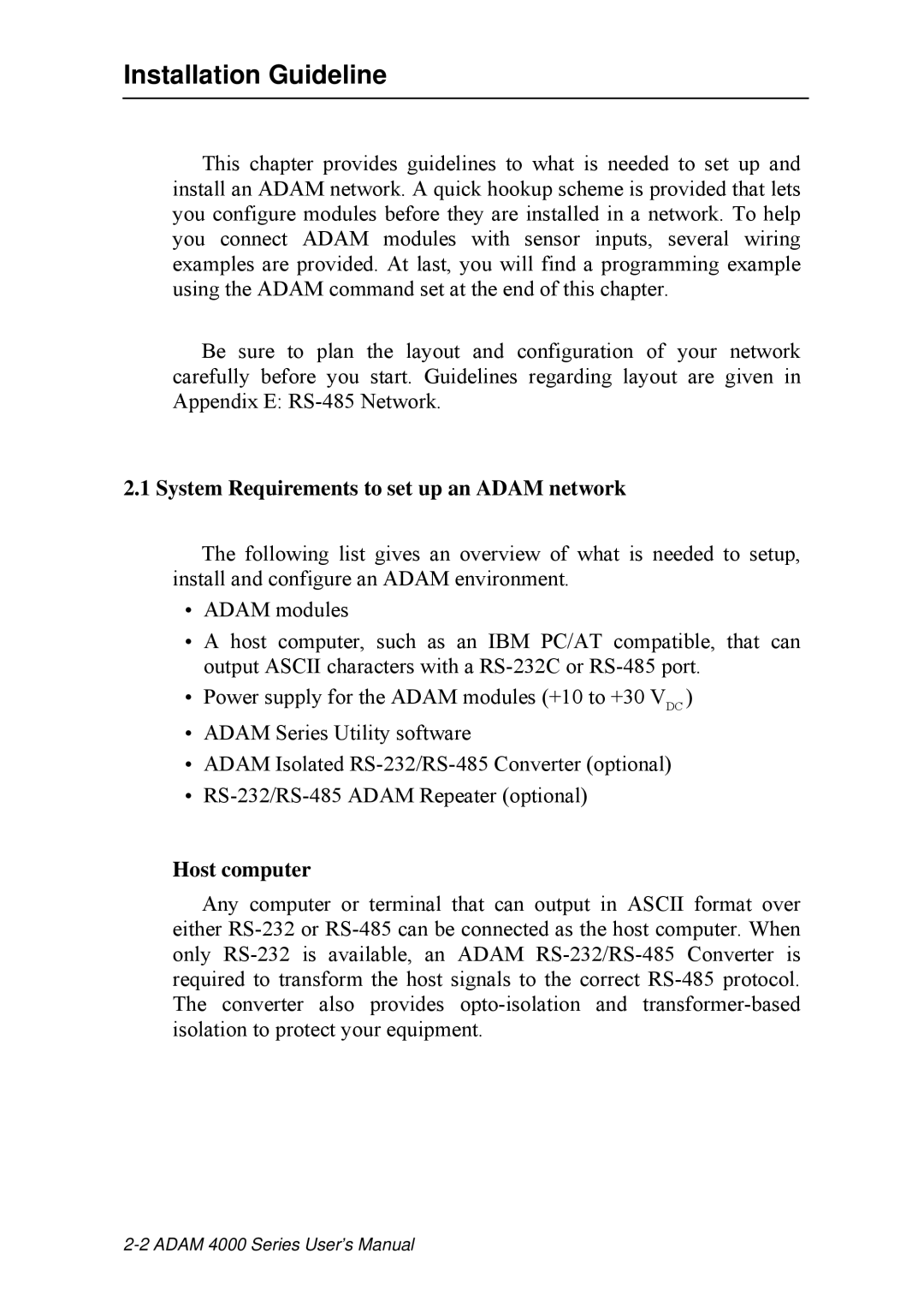 Advantech ADAM 4000 user manual Installation Guideline, System Requirements to set up an Adam network, Host computer 