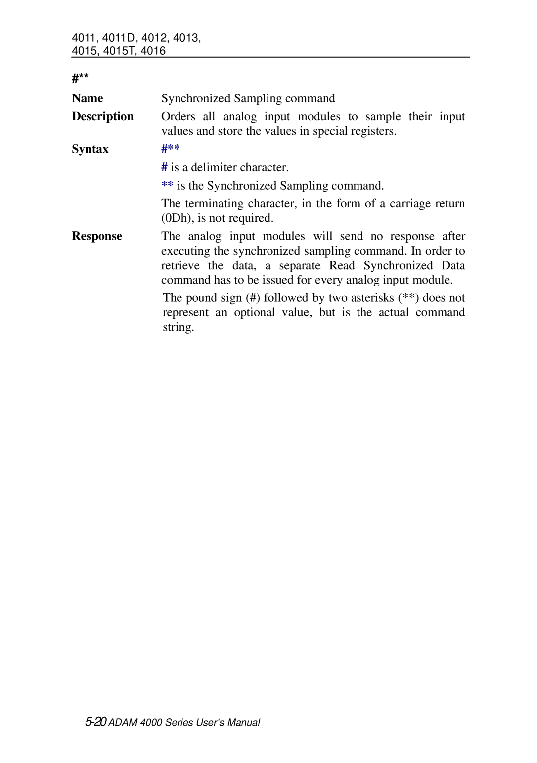 Advantech ADAM 4000 user manual Synchronized Sampling command 