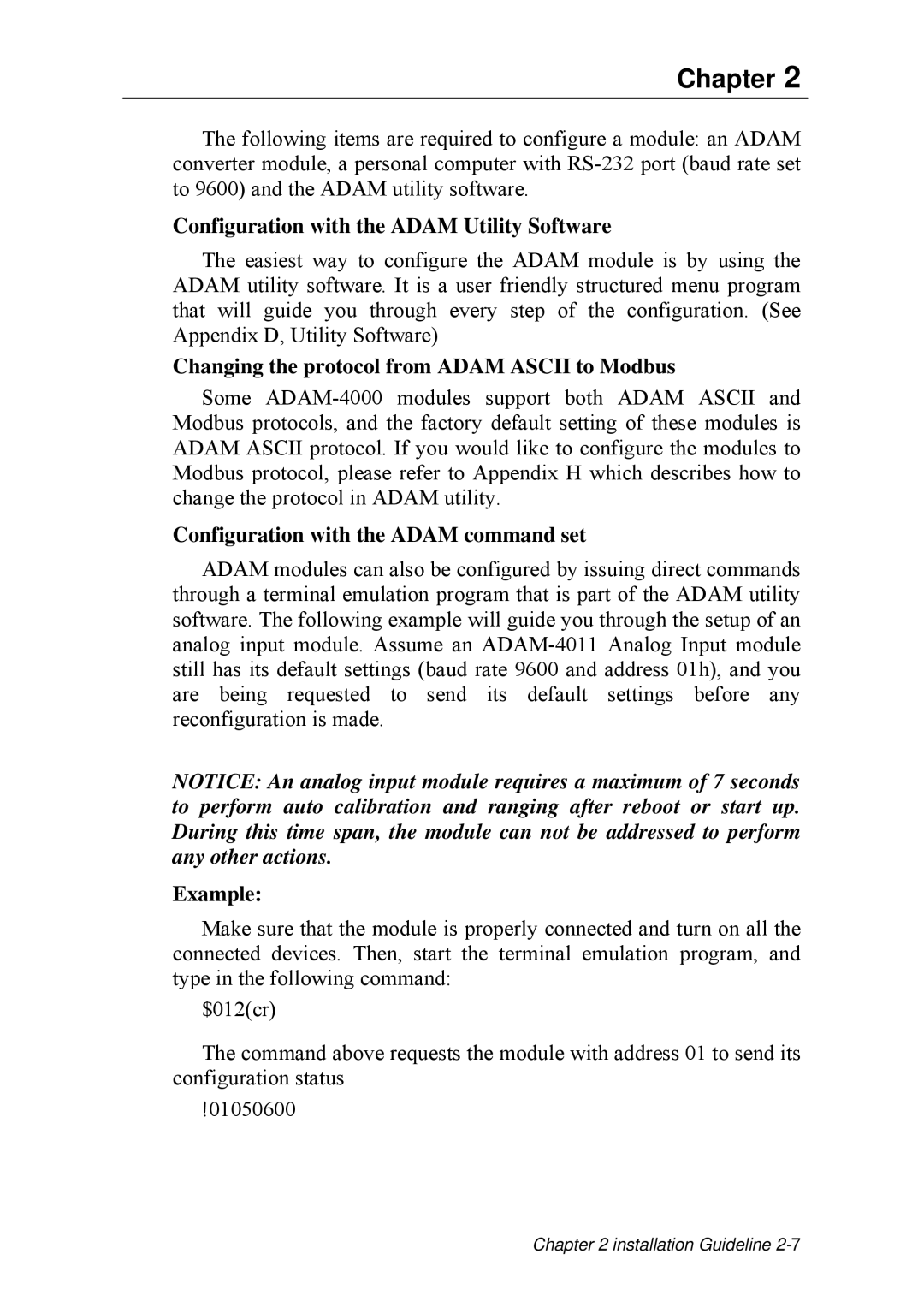 Advantech ADAM 4000 Configuration with the Adam Utility Software, Changing the protocol from Adam Ascii to Modbus, Example 