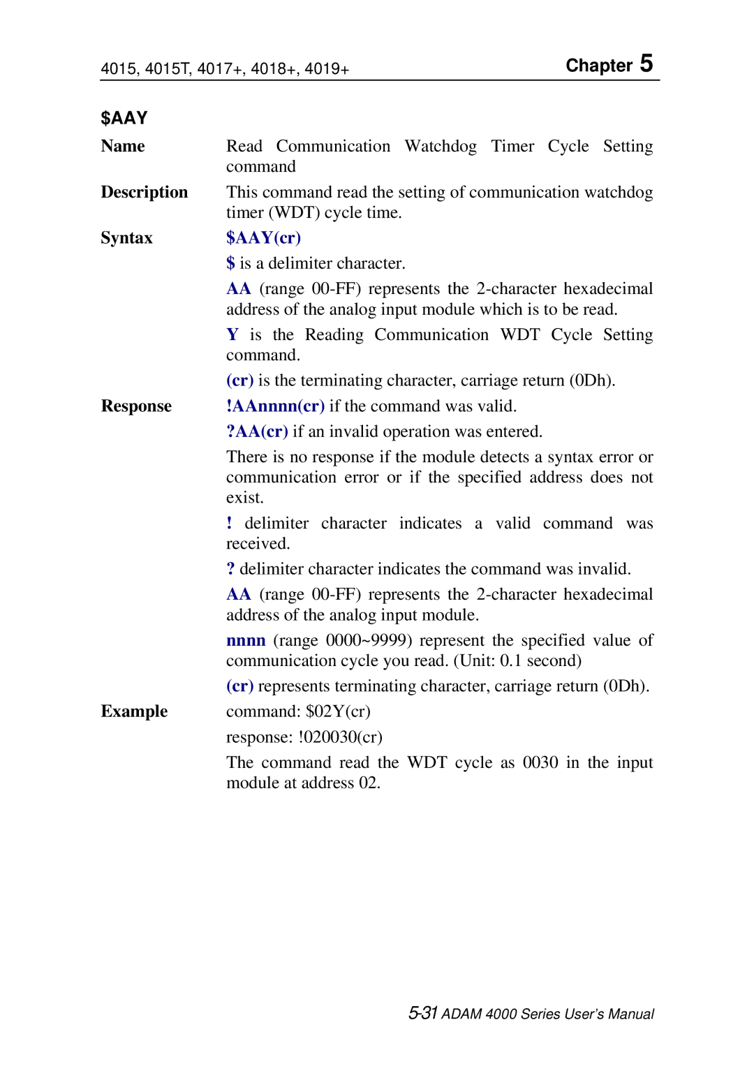 Advantech ADAM 4000 user manual $Aay, $AAYcr 