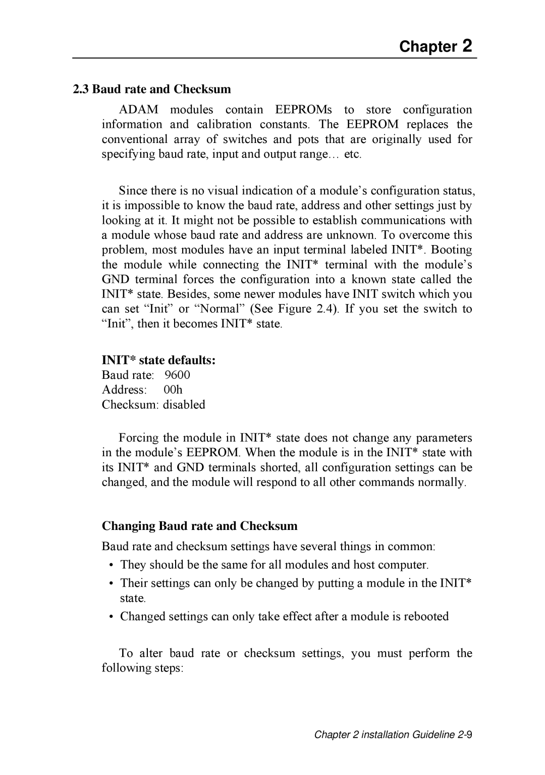 Advantech ADAM 4000 user manual INIT* state defaults, Changing Baud rate and Checksum 