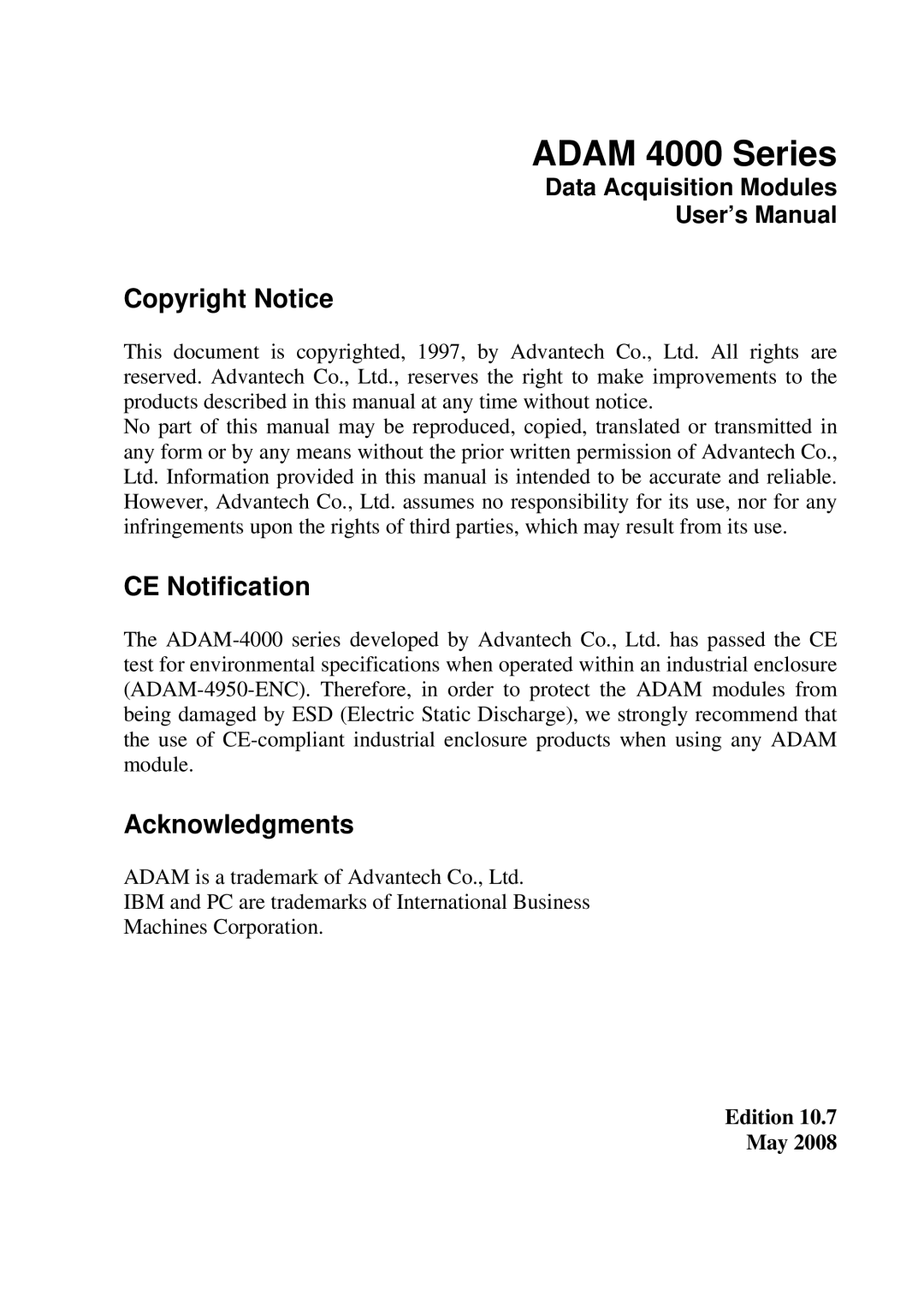 Advantech ADAM 4000 user manual Copyright Notice CE Notification Acknowledgments, Edition 10.7 May 