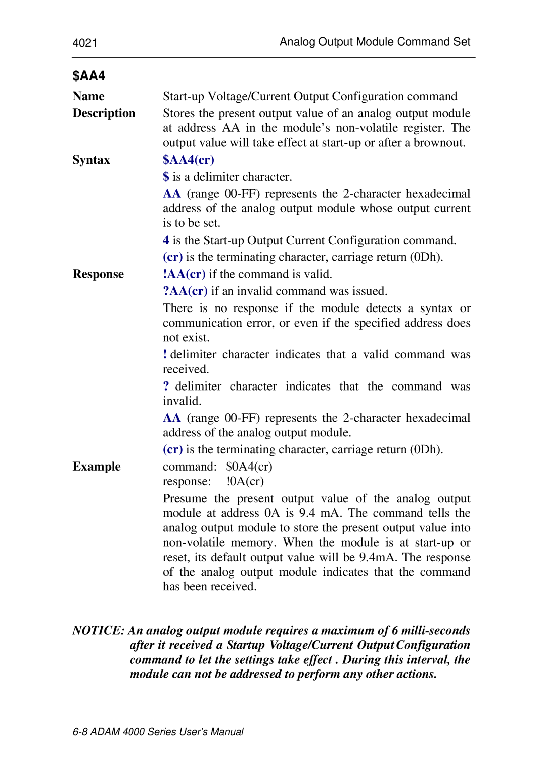 Advantech ADAM 4000 user manual Start-up Voltage/Current Output Configuration command 