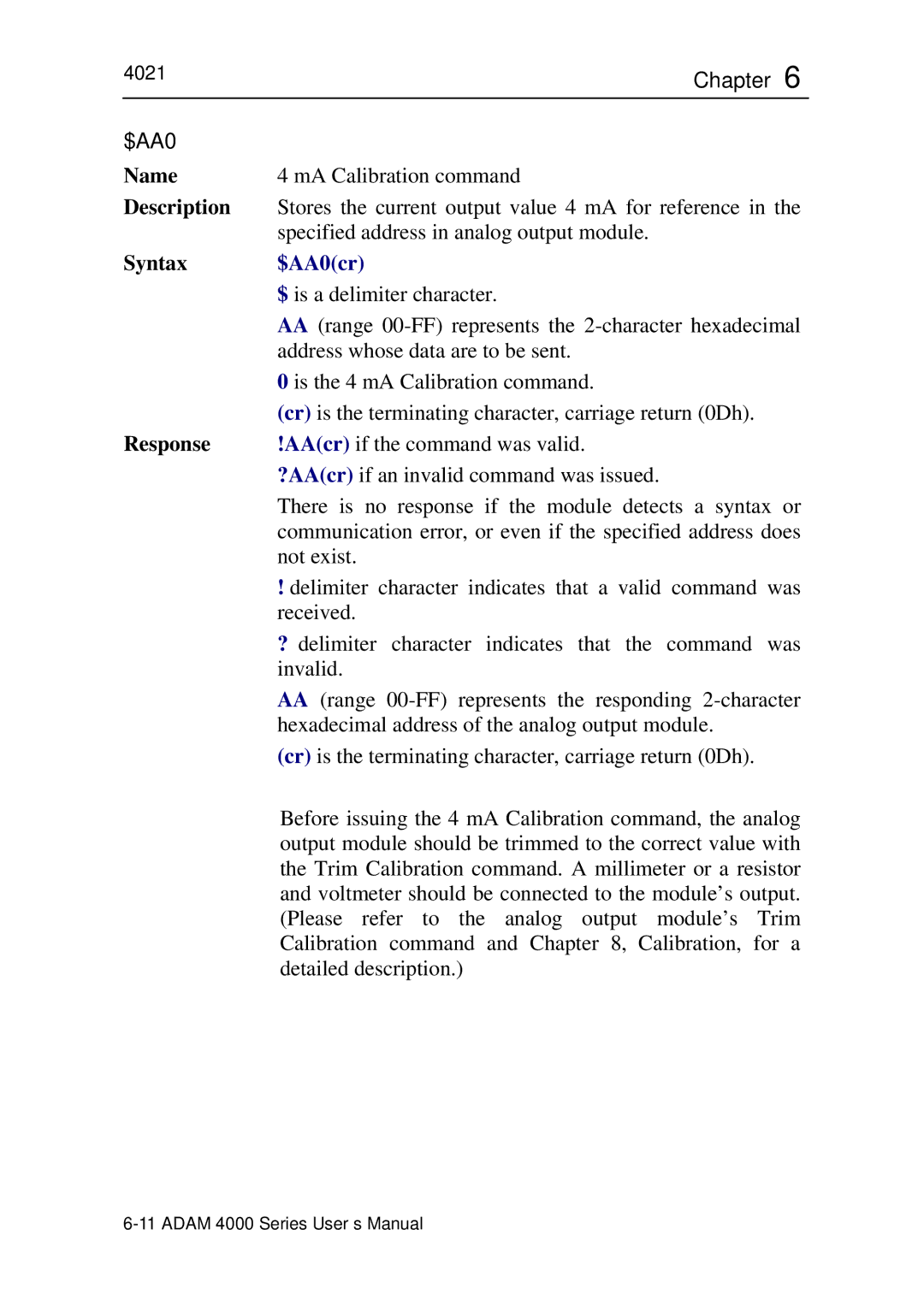 Advantech ADAM 4000 user manual MA Calibration command 