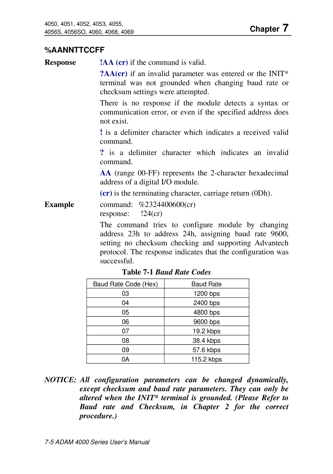 Advantech ADAM 4000 user manual Response, Baud Rate Code Hex 