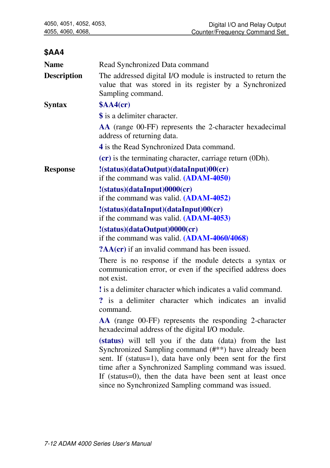 Advantech ADAM 4000 user manual StatusdataOutputdataInput00cr, StatusdataInput0000cr 