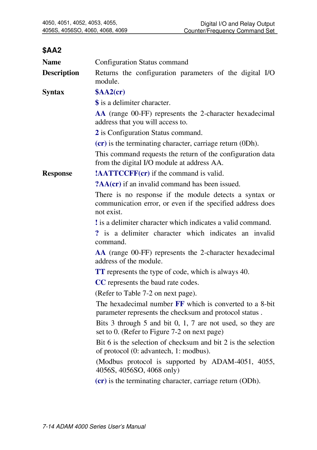 Advantech ADAM 4000 user manual Returns the configuration parameters of the digital I/O 