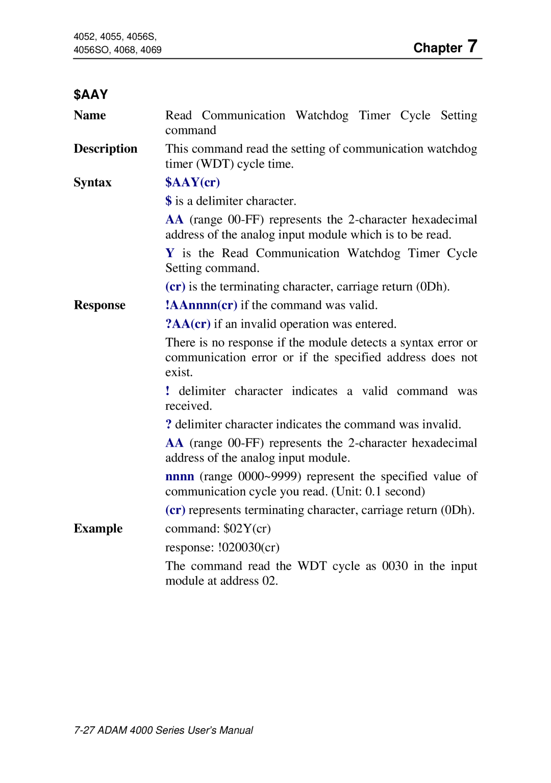 Advantech ADAM 4000 user manual Is the Read Communication Watchdog Timer Cycle 