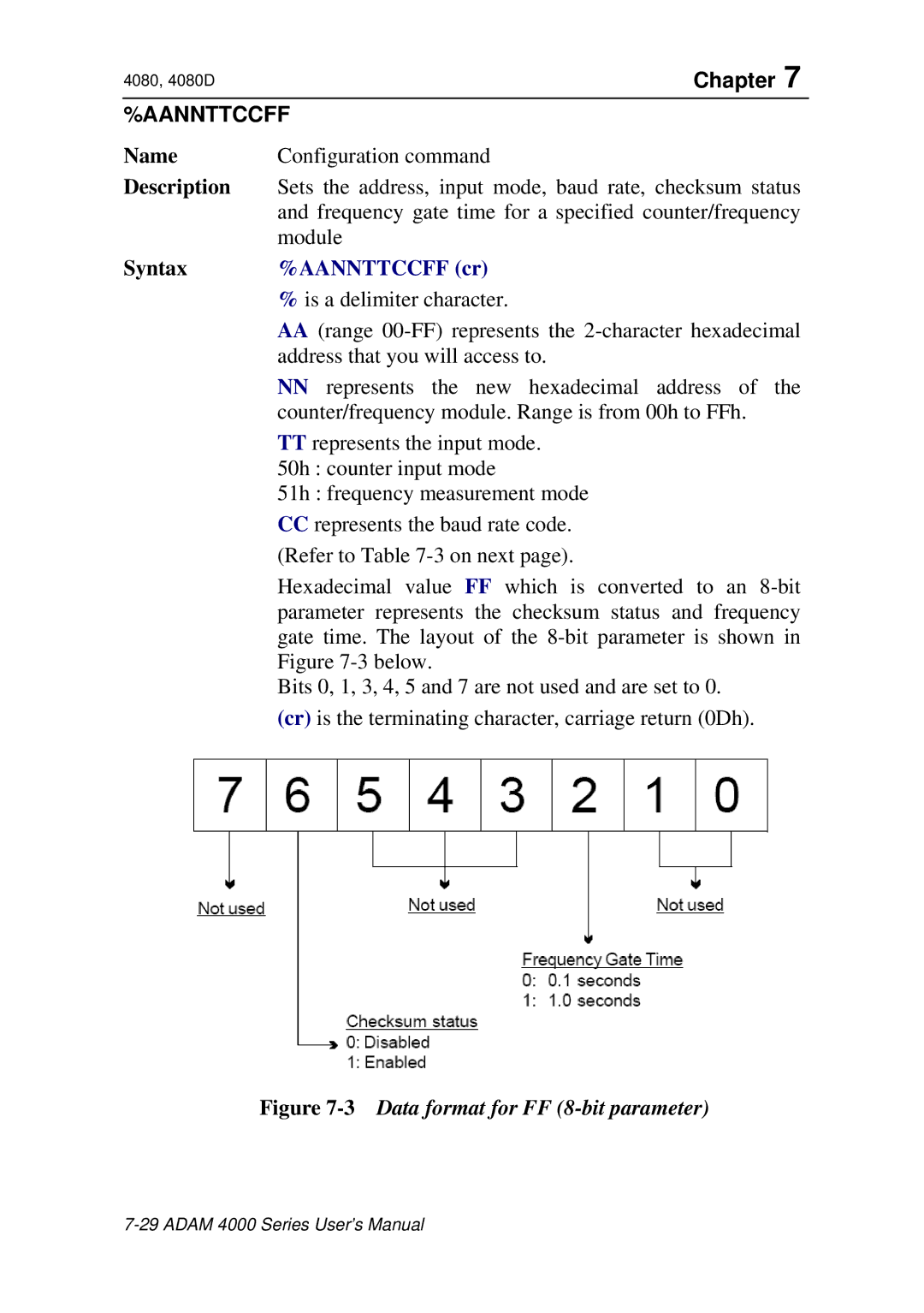 Advantech ADAM 4000 user manual Aannttccff cr, 3Data format for FF 8-bit parameter 