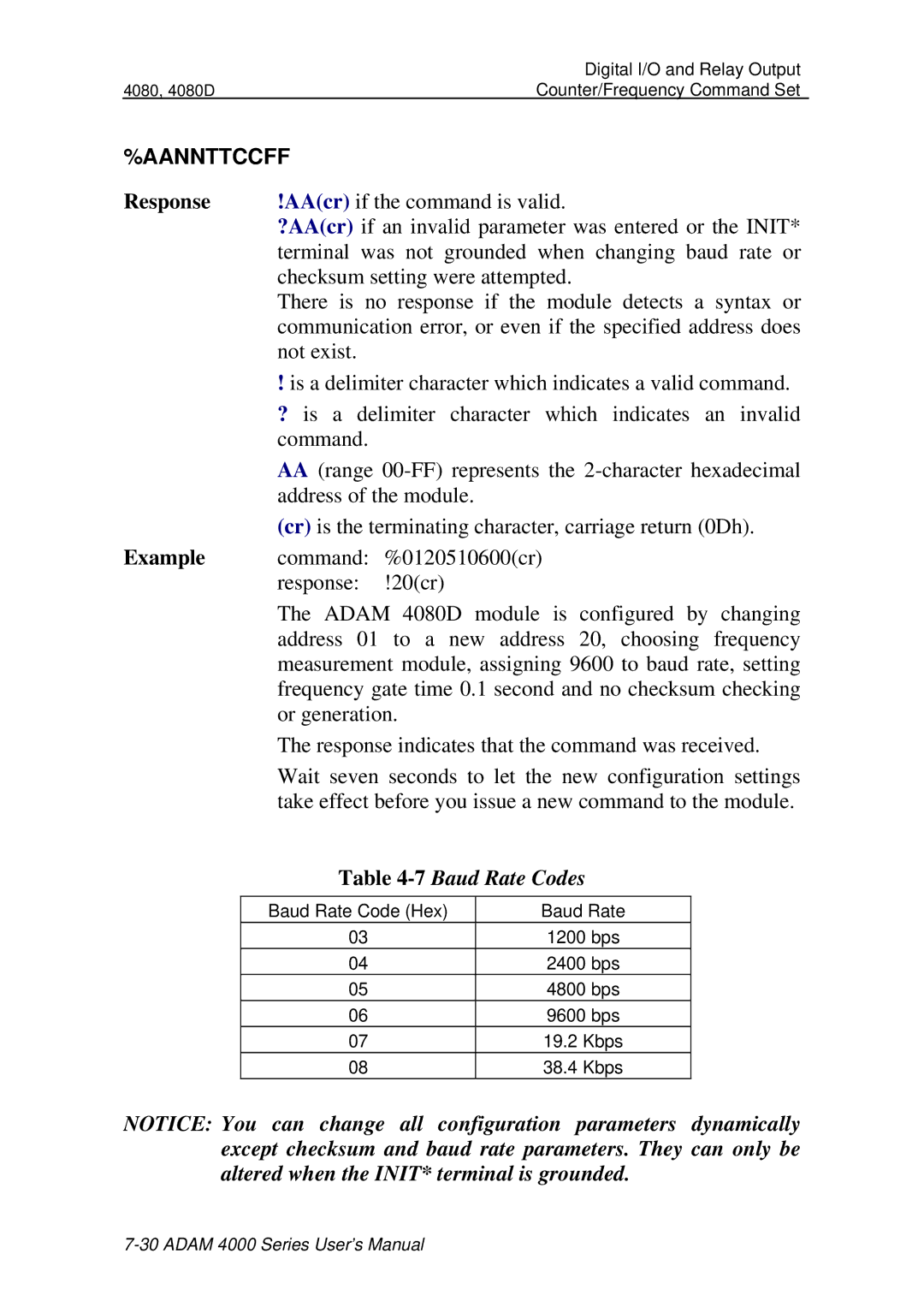 Advantech ADAM 4000 user manual 7Baud Rate Codes 