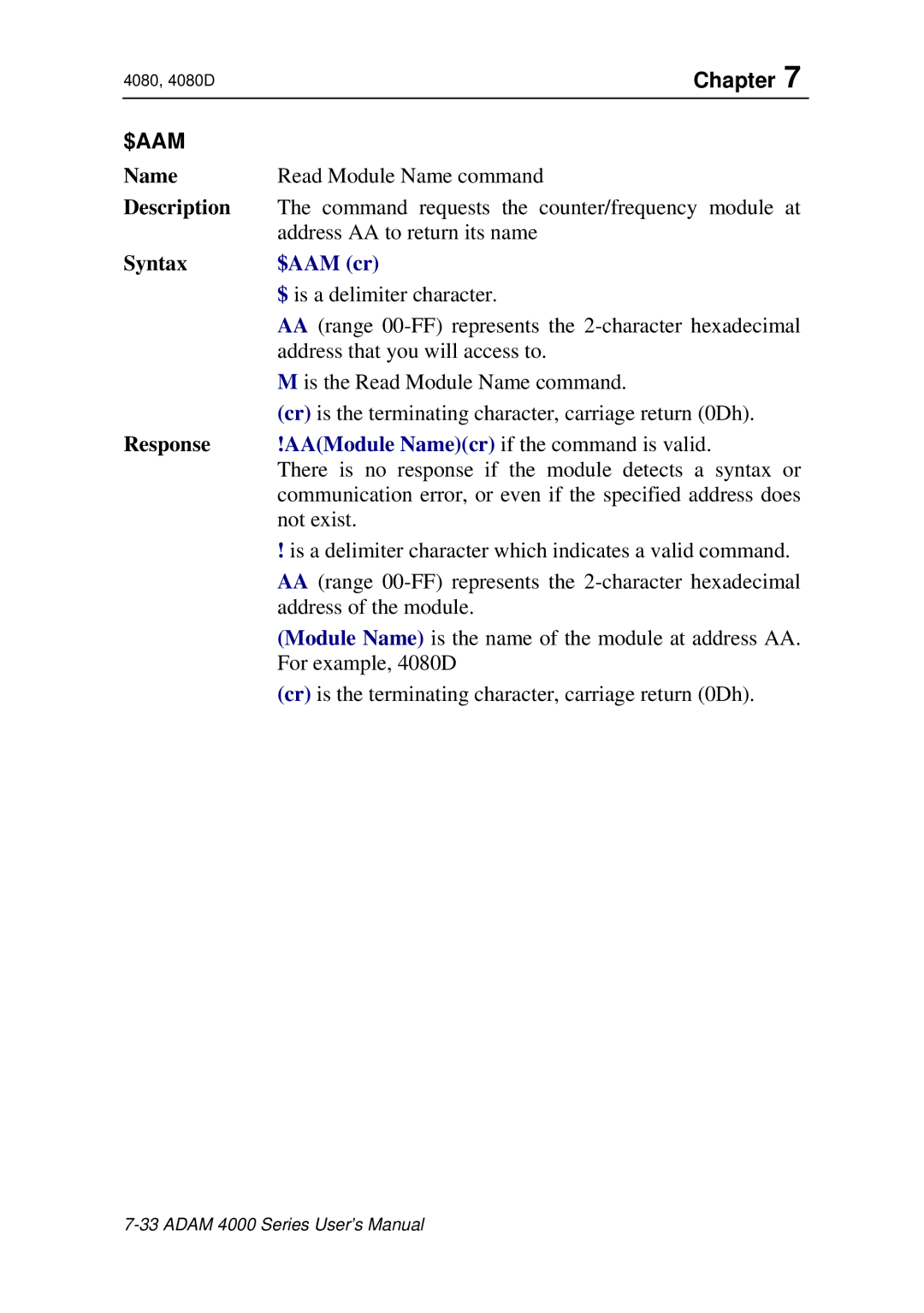 Advantech ADAM 4000 user manual Command requests the counter/frequency module at 