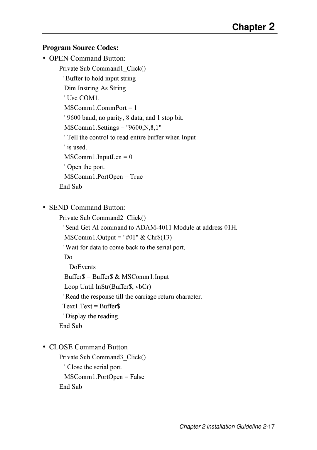 Advantech ADAM 4000 user manual Program Source Codes, Œ Open Command Button 