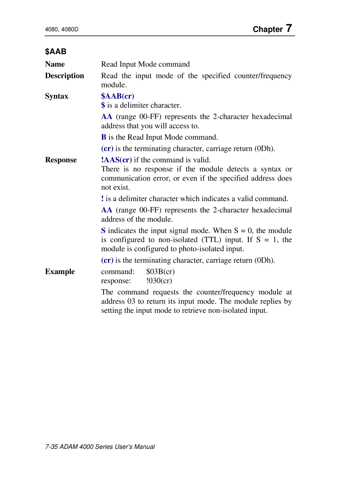 Advantech ADAM 4000 user manual Read Input Mode command 