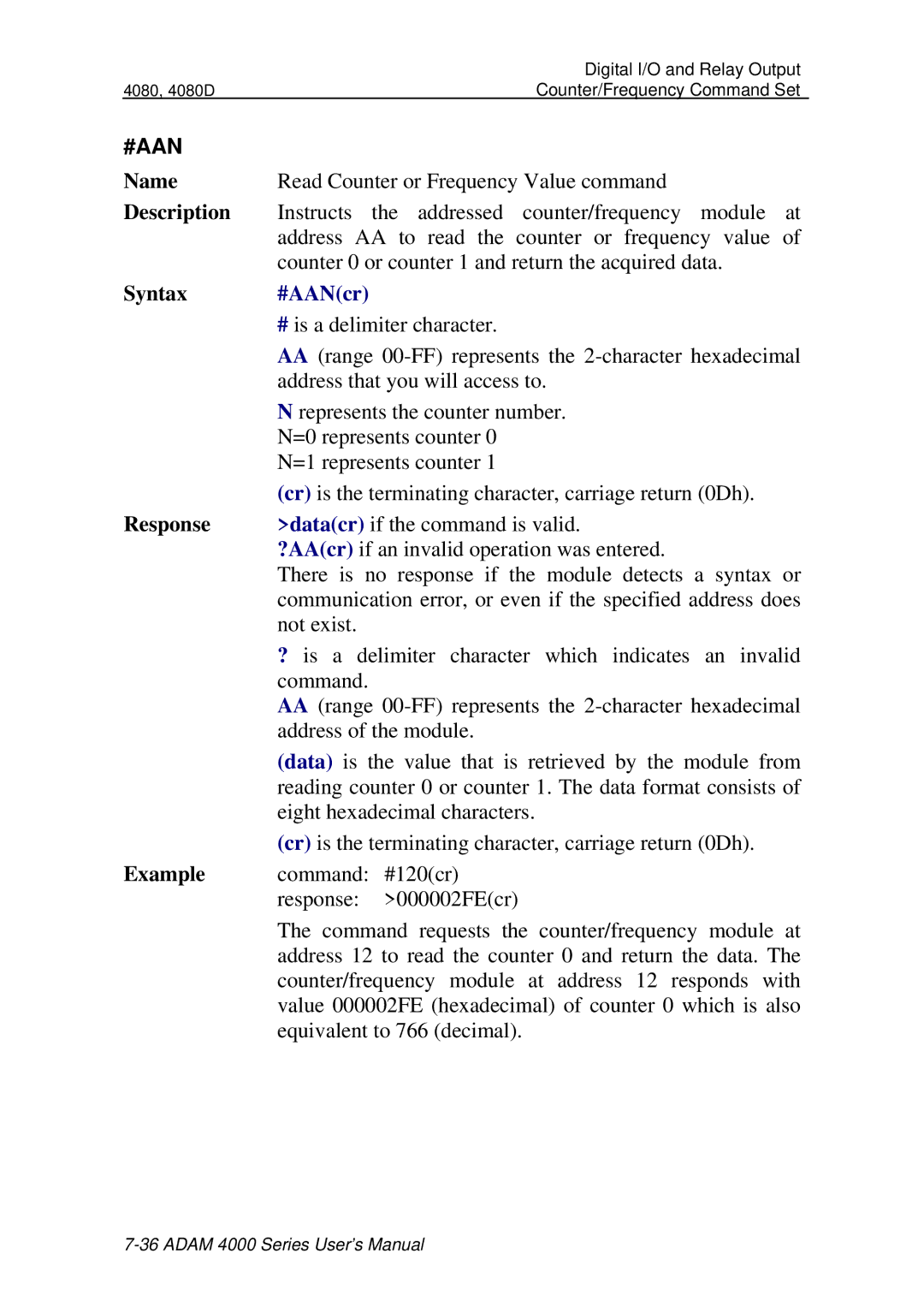 Advantech ADAM 4000 user manual Read Counter or Frequency Value command 