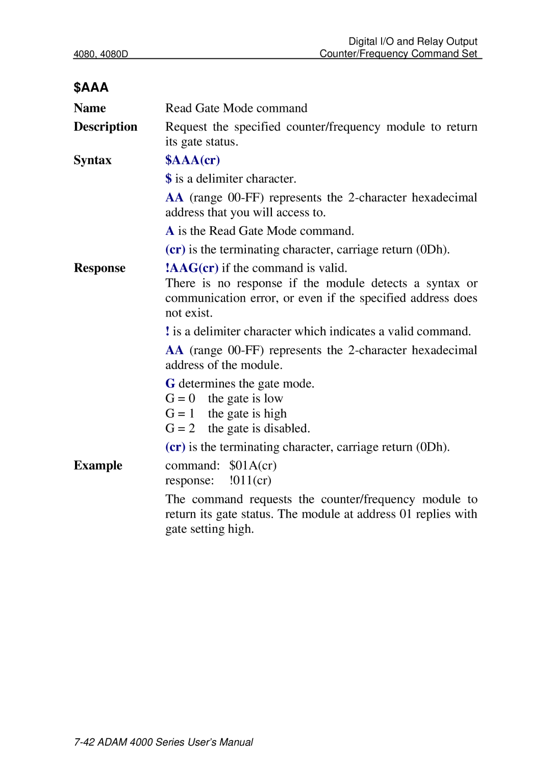 Advantech ADAM 4000 user manual Read Gate Mode command 