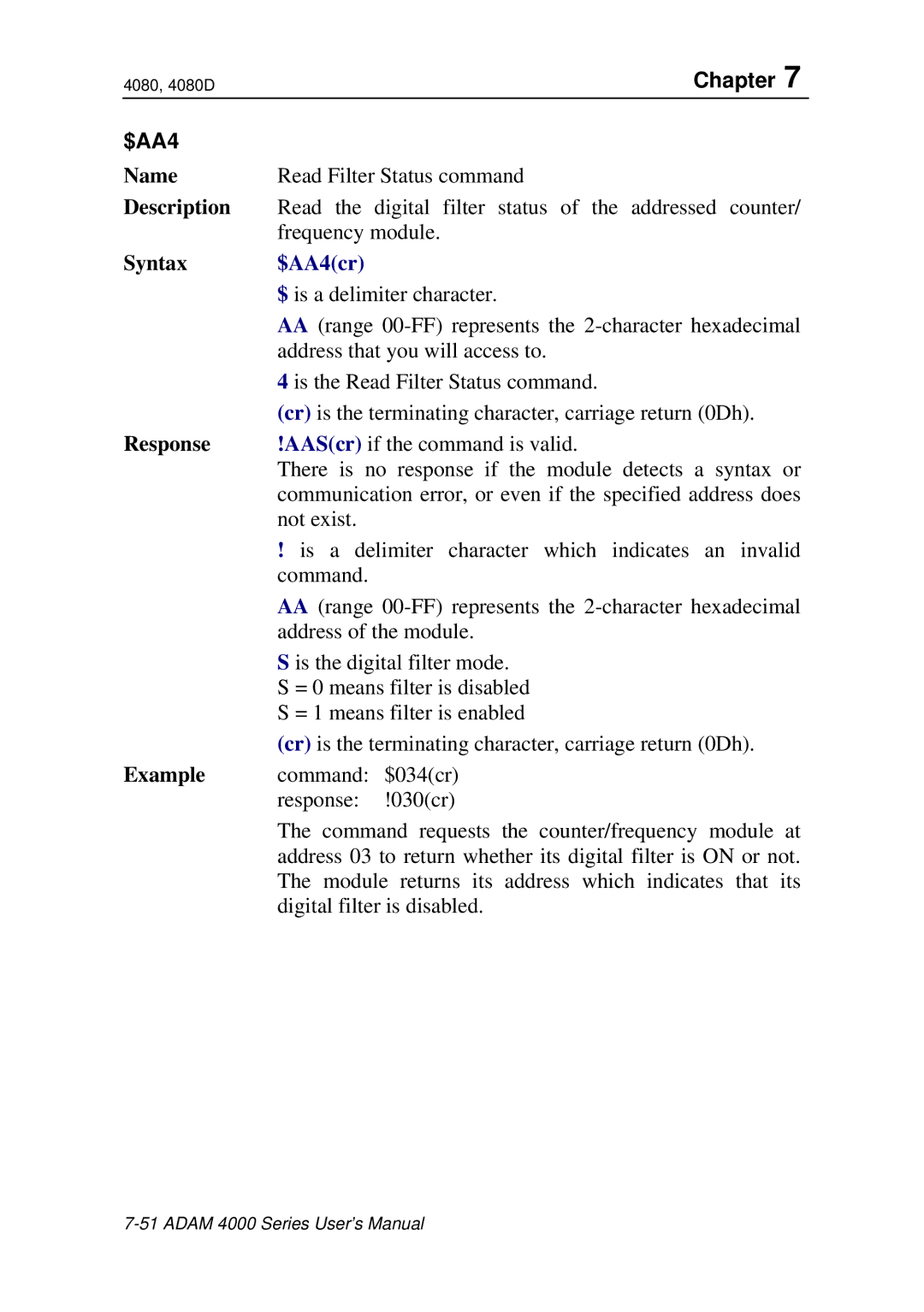 Advantech ADAM 4000 user manual Read Filter Status command 