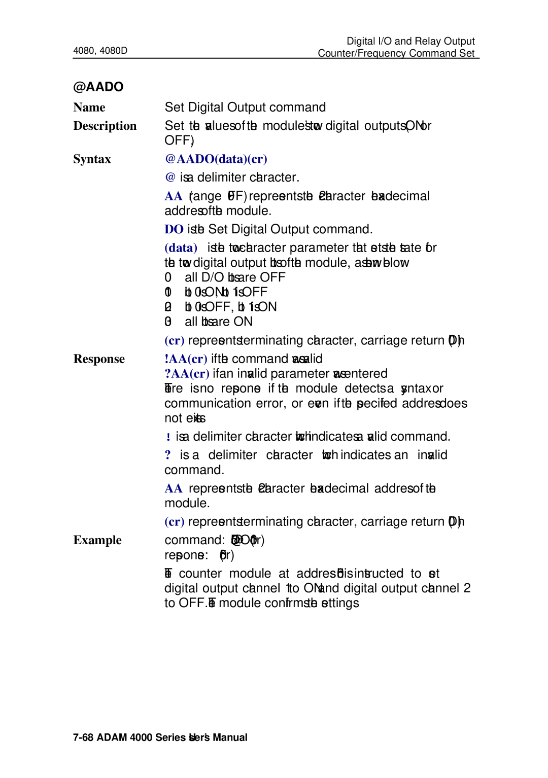 Advantech ADAM 4000 user manual Set the values of the module’s two digital outputs on or 