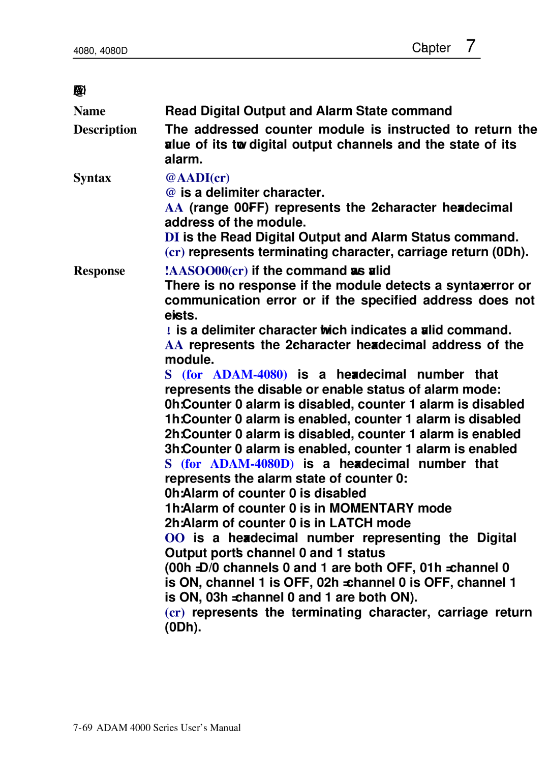 Advantech ADAM 4000 user manual Syntax @AADIcr, 0Dh 