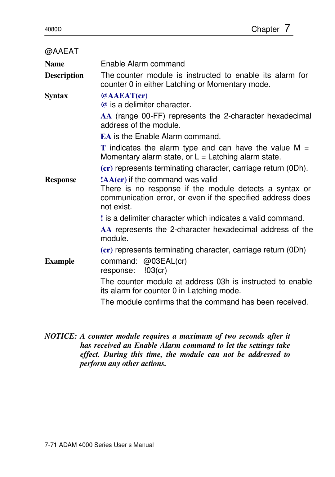 Advantech ADAM 4000 user manual Counter module is instructed to enable its alarm for 