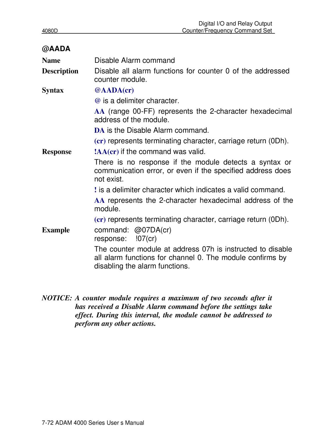 Advantech ADAM 4000 user manual Disable all alarm functions for counter 0 of the addressed 