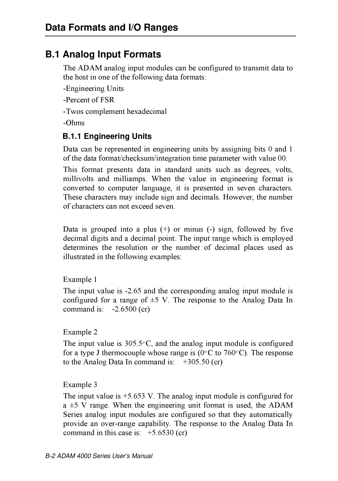Advantech ADAM 4000 user manual Data Formats and I/O Ranges Analog Input Formats, Engineering Units 