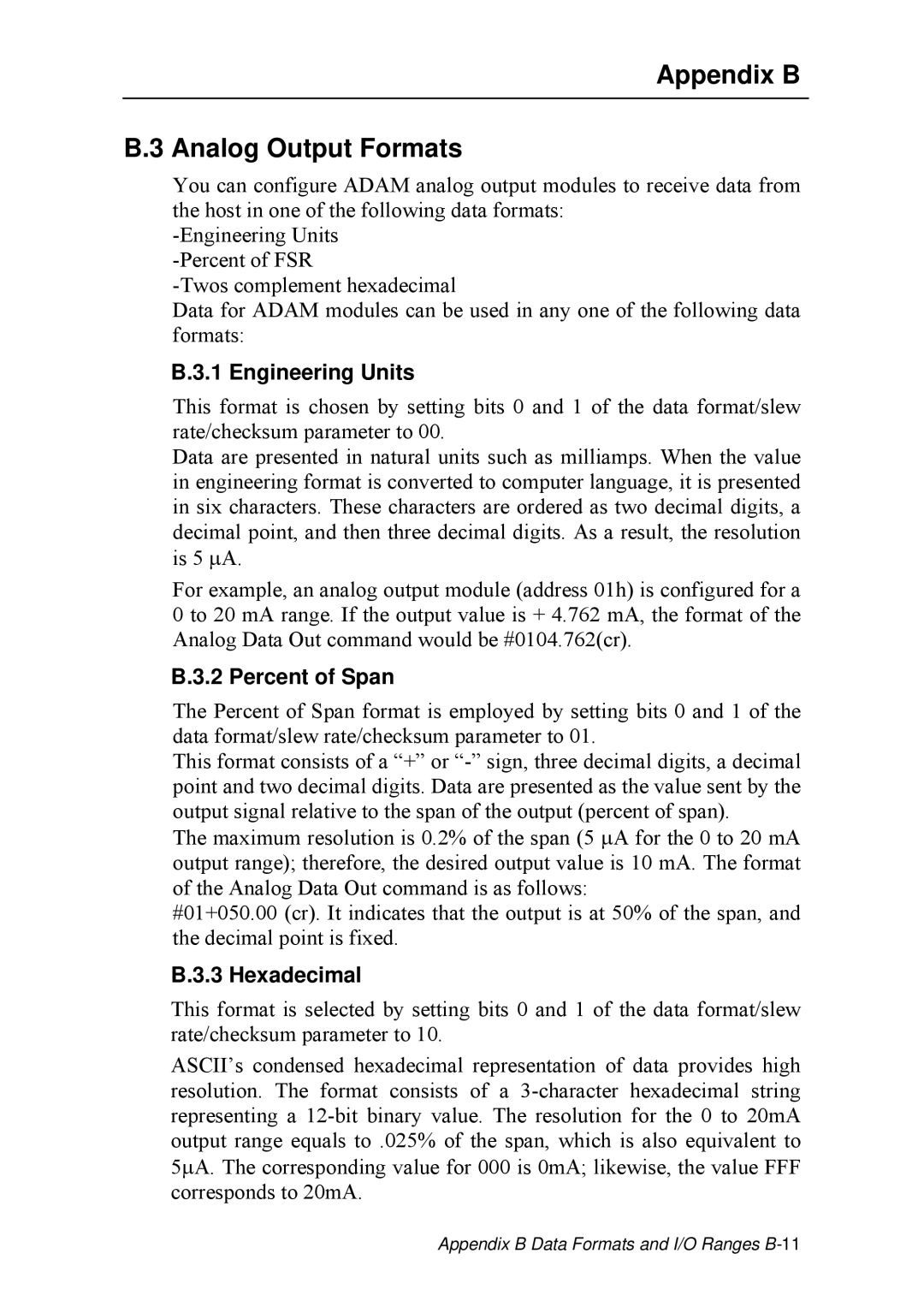 Advantech ADAM 4000 user manual Appendix B Analog Output Formats, Percent of Span, Hexadecimal 