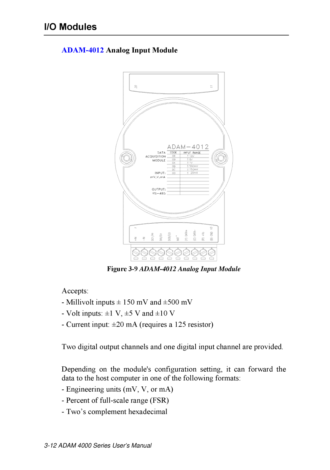 Advantech ADAM 4000 user manual ADAM-4012Analog Input Module, 9ADAM-4012 Analog Input Module 